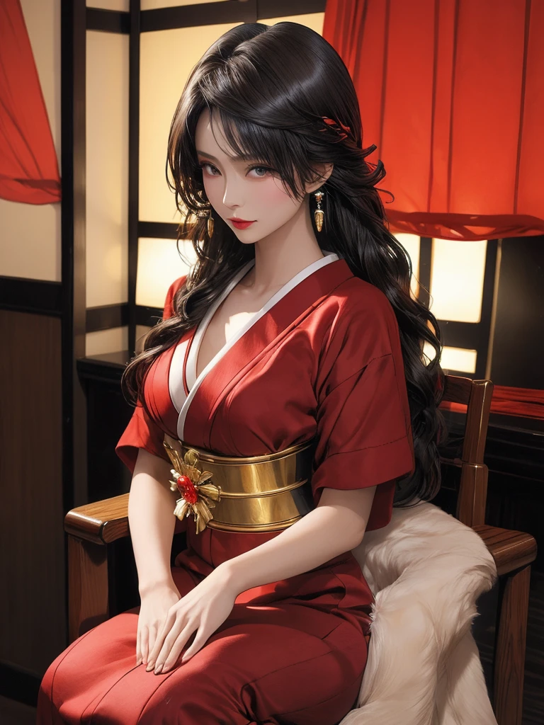 an image of a tall, elegant woman in traditional Japanese attire, with long hair, striking beauty, and devilish attire accentuated by bold makeup., 4K UHD, best quality