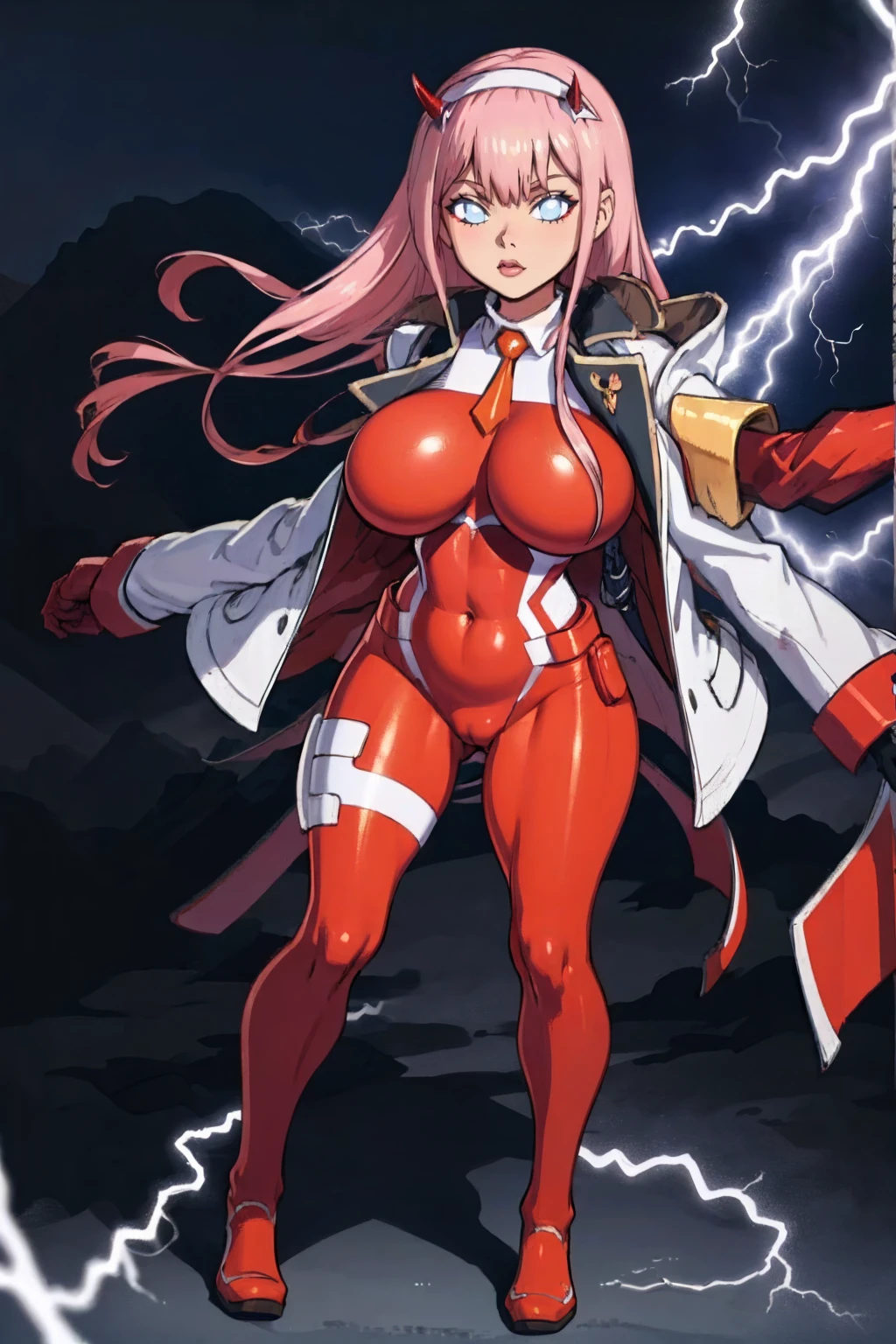 masterpiece, best quality, IncrsLowTier, electricity, glowing eyes zerotwo horns, hairband, necktie, red dress, pantyhose horns, hairband, red bodysuit, armlet, mecha horns, hairband, white bodysuit, white gloves, cap, red dress, white gloves, jacket on shoulders, pantyhose, cyber_armor body_suit,huge_breast, tall female, fulll body, sun light, smile,, sun aura,, boots, standing, smile, lips, red lips,,,{best quality}, {amazing quality} {best quality},{amazing quality},, {absurdres},{{highres}}, {very aesthetic}, {detailed}, curvy, tall, huge breast, character focus, white background,full-length portrait,, huge hips, huge muscles, huge thighs, curvaceous, venus figure,full body, full portrait, smile, happy, blue eyes ,joyfull,