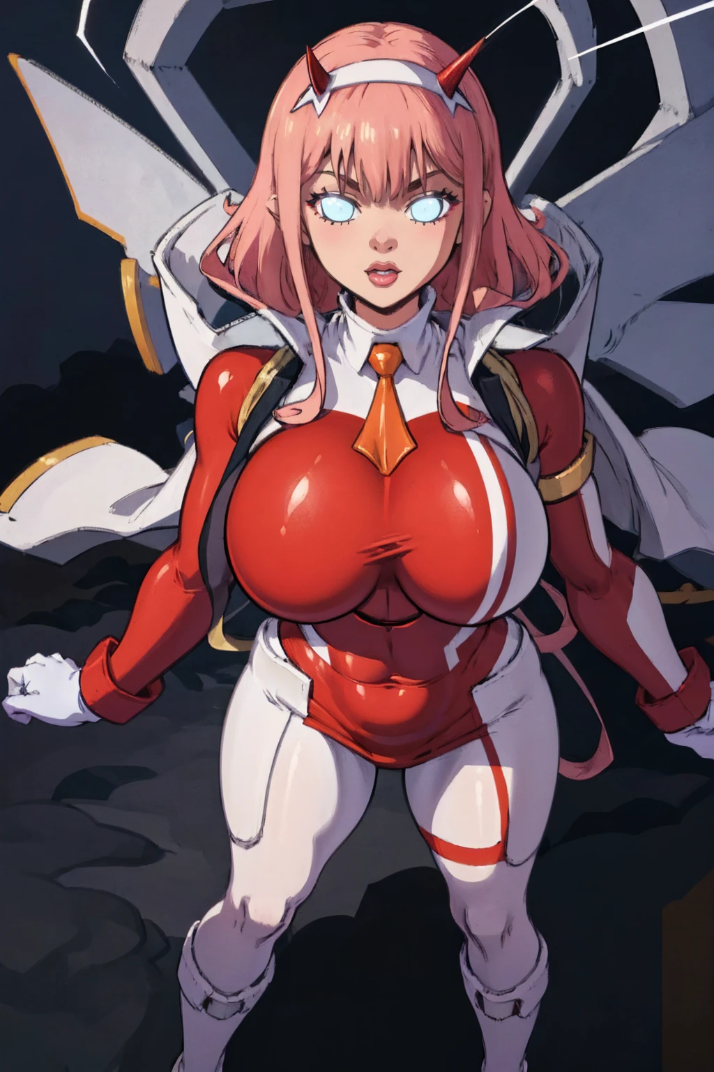 masterpiece, best quality, IncrsLowTier, electricity, glowing eyes zerotwo horns, hairband, necktie, red dress, pantyhose horns, hairband, red bodysuit, armlet, mecha horns, hairband, white bodysuit, white gloves, cap, red dress, white gloves, jacket on shoulders, pantyhose, cyber_armor body_suit,huge_breast, tall female, fulll body, sun light, smile,, sun aura,, boots, standing, smile, lips, red lips,,,{best quality}, {amazing quality} {best quality},{amazing quality},, {absurdres},{{highres}}, {very aesthetic}, {detailed}, curvy, tall, huge breast, character focus, white background,full-length portrait,, huge hips, huge muscles, huge thighs, curvaceous, venus figure,full body, full portrait, smile, happy, blue eyes ,joyfull,