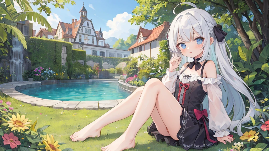 Meisterwerk,best quality,perfekte Komposition,komplizierte Details,((6+girl:1.5)),Niedlich,Katzenohren,Katzenschwanz,Randomly colored hair,fein detaillierte Augen,barefoot,Sommerkleid aus Spitze,den Betrachter anschauen,outside,Luxurious garden,Picknick, 