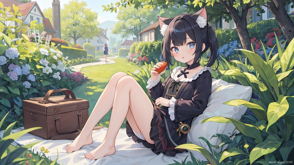 Meisterwerk,best quality,perfekte Komposition,komplizierte Details,((6+girl:1.5)),Niedlich,Katzenohren,Katzenschwanz,Randomly colored hair,fein detaillierte Augen,barefoot,Sommerkleid aus Spitze,den Betrachter anschauen,outside,Luxurious garden,Picknick,