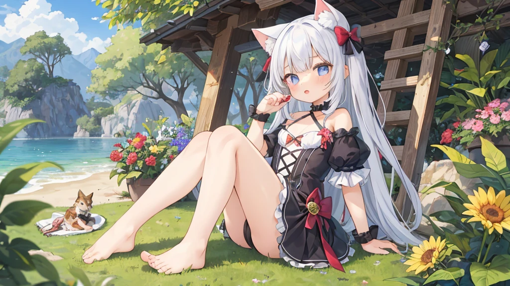 Meisterwerk,best quality,perfekte Komposition,komplizierte Details,((6+girl:1.5)),Niedlich,Katzenohren,Katzenschwanz,Randomly colored hair,fein detaillierte Augen,barefoot,Sommerkleid aus Spitze,den Betrachter anschauen,outside,Luxurious garden,Picknick,