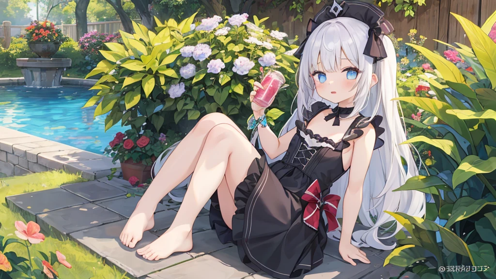 Meisterwerk,best quality,perfekte Komposition,komplizierte Details,((6+girl:1.5)),Niedlich,Katzenohren,Katzenschwanz,Randomly colored hair,fein detaillierte Augen,barefoot,Sommerkleid aus Spitze,den Betrachter anschauen,outside,Luxurious garden,Picknick, 