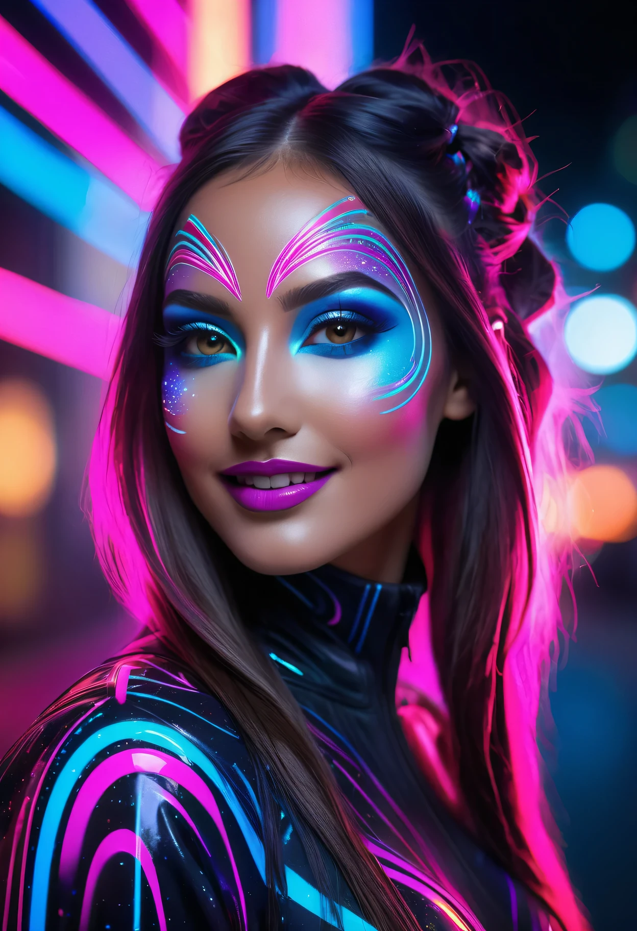 Beautiful model, Futuristic Makeup, Floating long hair, Smile, Hair accessories, Neon Pink, Graffiti, night, Bright Eyes, Starlight
(best quality,4k,8k,highres,masterpiece:1.2),ultra-detailed,(realistic,photorealistic,photo-realistic:1.37),portraits,concept artists,studio lighting,HDR,UHD,physically-based rendering,extreme detail description,professional,vivid colors,bokeh,futuristic,beauty,design,algorithmic makeup,sleek,clean,precision,geometric patterns,neon lights,glowing lines,futuristic fashion,sharp contours,high-tech elements,fluid lines,metallic sheen,shimmering effects,digital enhancements,glowing eyes,reflective surfaces,digital artistry,striking makeup transformation,digital aesthetics,transcendent beauty
