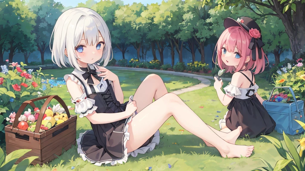 Meisterwerk,best quality,perfekte Komposition,komplizierte Details,((6+girl:1.5)),Niedlich,Katzenohren,Katzenschwanz,Randomly colored hair,fein detaillierte Augen,barefoot,Sommerkleid aus Spitze,den Betrachter anschauen,outside,Luxurious garden,Picknick,