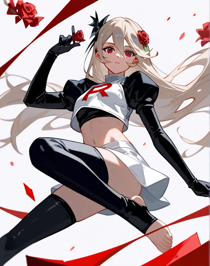 (score_9,score_8_up,score_7_up,),1girl,solo, best quality, Corrin, long hair, hair ornament, rose, team rocket,team rocket uniform, red letter R,white crop top, white sleeves, white short-skirt,black elbow gloves,black stirrup socks,bare foot, two feet,