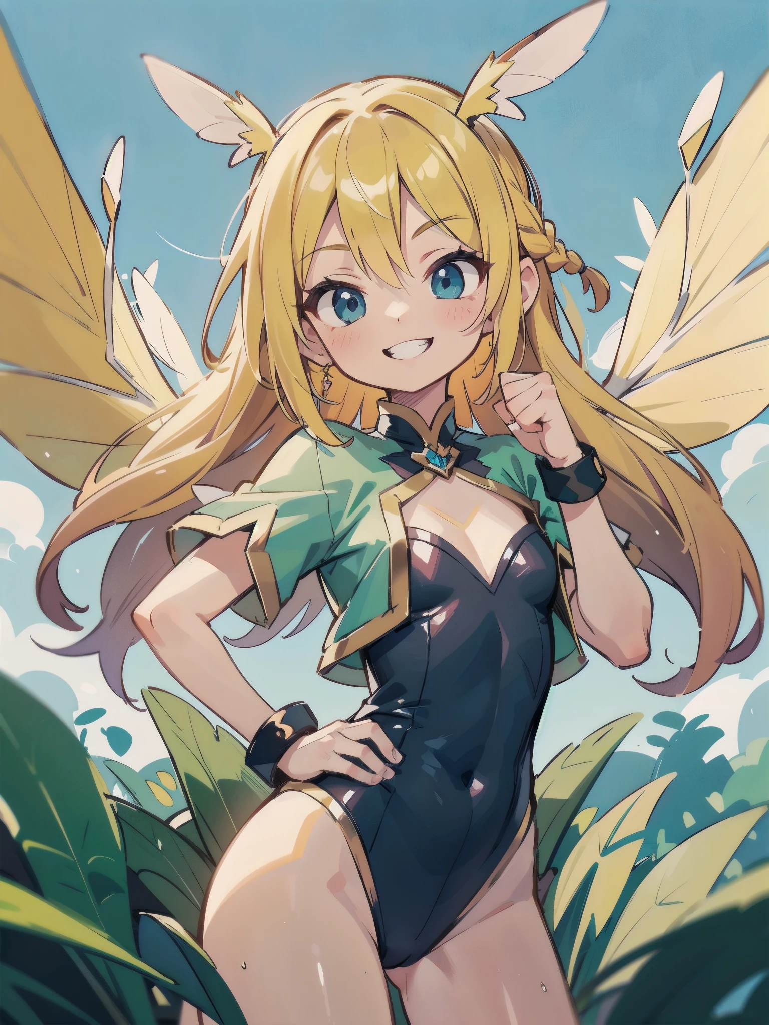 fantasy art, flying fairy girl, wearing fairy wings, blond hair, braid hair, grin, chest arched, one hand on hip, one hand fist on chest, satisfied smile, from front, vivid clolor, high-saturation, best-quarity,