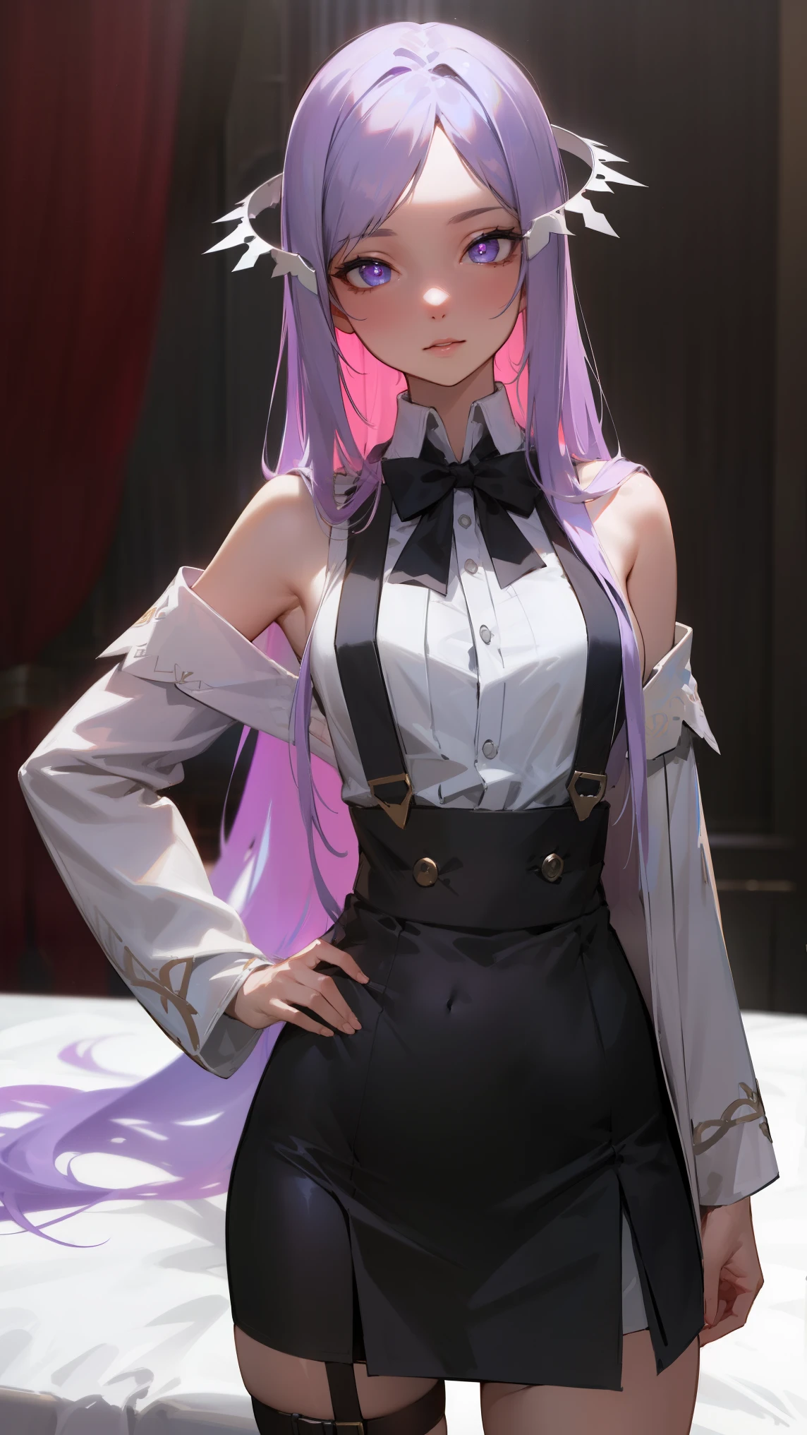 quinella, quinella, absurdly long hair, (purple eyes:1.1), long hair, parted bangs, purple hair, very long hair, hair ornament,medium breast,
BREAK black bowtie, white shirt, sleeveless, off shoulder, grey cardigan, open clothes, sleeves past wrists, black skirt, suspender skirt, thigh strap,
BREAK indoors, bed,
BREAK looking at viewer, (cowboy shot:1.5),pose, hand on hip,
BREAK (masterpiece:1.2), best quality, high resolution,NSW ,unity 8k wallpaper, (illustration:0.8), (beautiful detailed eyes:1.6), extremely detailed face, perfect lighting, extremely detailed CG, (perfect hands, perfect anatomy),