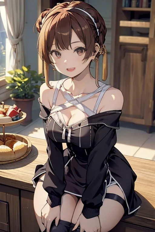 Adult Woman, masterpiece, 1girl, Amazing Cleavage:1.3, thin waist, big ass, Raised sexy, medium breast:1.3,posed cleavage:1.2,solo, open mouth, have a cup of coffee,black hair, red eyes, dress, bare shoulders, jewelry, collarbone, sidelocks, hairband, earrings, indoors, off shoulder, arms behind back, plant, short hair with long locks, black hairband, sweater dress, off-shoulder sweater, red sweater, big side hair, very long side hair,is rendered in (masterpiece: 1.2, best quality), with (ultra high resolution) and an exquisite (depth of field). This masterpiece is not only visually stunning but also tells, make of cooking some cakes ,in the kitchen,Long dark blonde wavy hair、her thin pubic hair, Puffy nipple、(short flared skirt)、garter stocking、Earring、Medium milk, cute smile face、(Pose to lean forward and emphasize the chest)、sexy hips、high-heels、atlibrary、((Close your arms to your chest and look up)),(with sparkling eyes and a contagious smile), looking at viewer,
