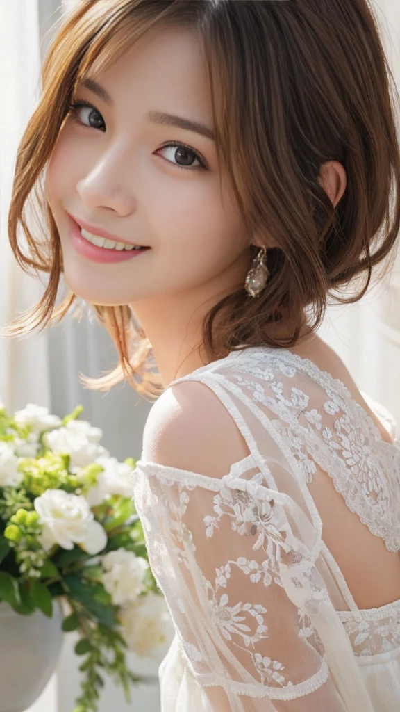 [Photorealistic, highly detailed] Portrait of a Japanese girl with a ultra big smile on her lips. She has a mesmerizingly beautiful face with striking features. [Her face is ultra cute and idol-like:2.0].[Her eyes are exquisitely beautiful, evenly balanced, and captivating, adding an extra layer of depth to her gaze:2.0]. Her lips are delicately shaped with a natural blush, giving a lively charm to her smile. The artist has flawlessly portrayed her fair and flawless skin, with subtle shading and highlights that add a sense of realism.

The girl's short hair delicately frames her face, styled in a modern and elegant way. The strands are meticulously rendered, capturing the softness and shine of her hair. She wears a slim negligee, and its delicate folds and fabric texture are carefully depicted in the artwork.

The portrait is a masterpiece, crafted with utmost precision and attention to detail. The artist has beautifully captured the essence of the girl's beauty and radiance, creating a truly captivating image. The lighting in the painting falls softly on her face, casting gentle shadows and highlights that enhance her facial features.

The colors in the artwork are vivid and vibrant, adding a touch of liveliness and energy to the image. The artist has chosen a warm and inviting overall tone, creating a sense of serenity and tranquility. The fine brushwork and texture add depth and richness to the painting, taking it to a new level of realism.

This portrait is a high-resolution piece, ensuring every intricate detail is crisp and clear. The image quality is exceptional, with a level of realism that is almost tangible. The artist has employed advanced techniques, such as photorealistic rendering, to bring the artwork to life.

Overall, this stunning portrait of a Japanese girl captures her beauty, radiance, and charm. It is a testament to the artist's skill and talent, showcasing their ability to create lifelike and captivating artworks.