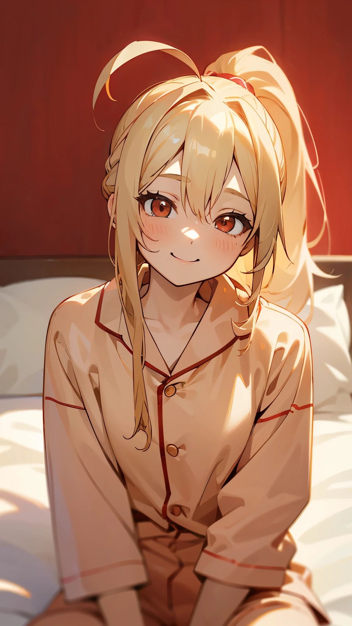 18-year-old girl sitting on bed、solo、Anime-style paintings、Wearing pajamas、Slim figure、Blonde ponytail、Ahoge、Beautiful red eyes、smile、smile、The soft texture of pajamas、Upper body close-up、Red and yellow based colors、Background blur、The depth of the drawn boundaries