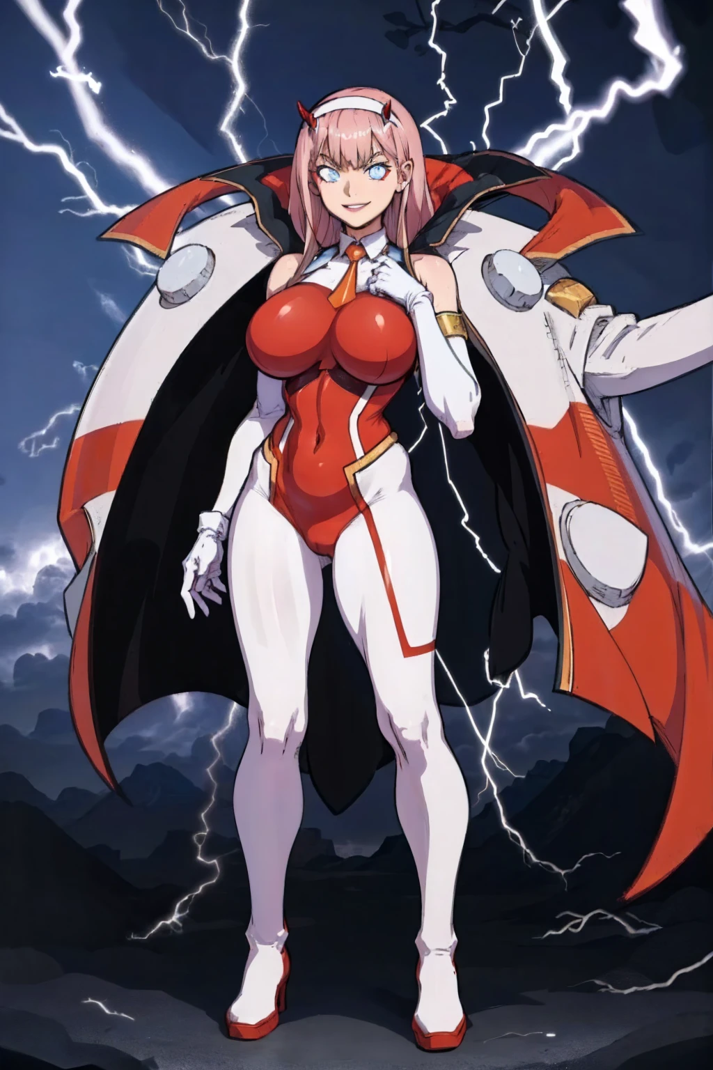 masterpiece, best quality, IncrsLowTier, electricity, glowing eyes zerotwo horns, hairband, necktie, red dress, pantyhose horns, hairband, red bodysuit, armlet, mecha horns, hairband, white bodysuit, white gloves, cap, red dress, white gloves, jacket on shoulders, pantyhose, cyber_armor body_suit,huge_breast, tall female, fulll body, sun light, smile,, sun aura,, boots, standing, smile, lips, red lips,,,{best quality}, {amazing quality} {best quality},{amazing quality},, {absurdres},{{highres}}, {very aesthetic}, {detailed}, curvy, tall, huge breast, character focus, white background,full-length portrait,, huge hips, huge muscles, huge thighs, curvaceous, venus figure,full body, full portrait, smile, happy, blue eyes ,joyfull,