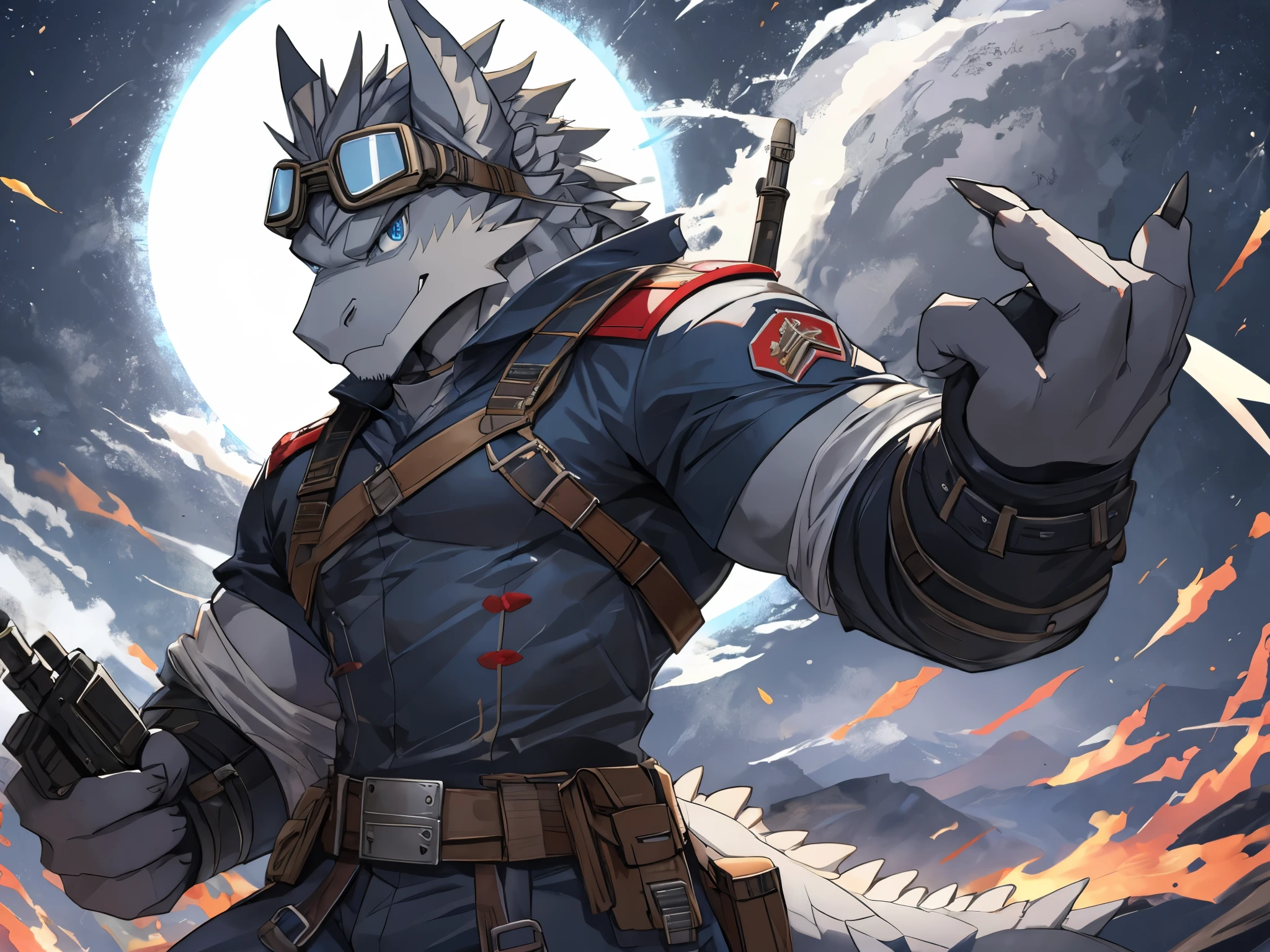 Masterpiece, Solo, Male Grey Dragon, Blue Eyes, Grey Medium Hair, Muscular Body, Adult, Fierce, Soldier Outfit, Wearing Goggles, Cool Pose.