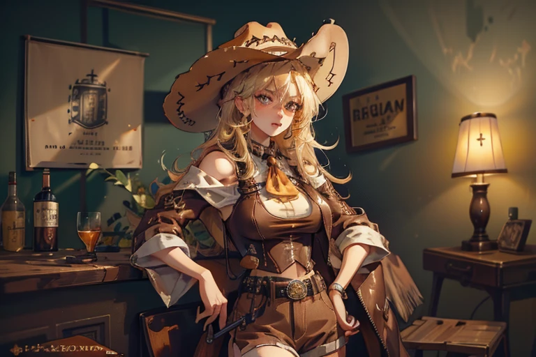 girl\(cowgirl,cowboy_hat,belt_buckle,blonde,big  breast,gun holder,gun,bullet belt,western police badge,drinking bourbon whiskey\),background\(western bar,bourbon whiskey,shiny shot-grass of bourbon),,quality\(8k,wallpaper of extremely detailed CG unit, ​masterpiece,hight resolution,top-quality,top-quality real texture skin,hyper realisitic,increase the resolution,RAW photos,best qualtiy,highly detailed,the wallpaper,cinematic lighting,ray trace,golden ratio\), 