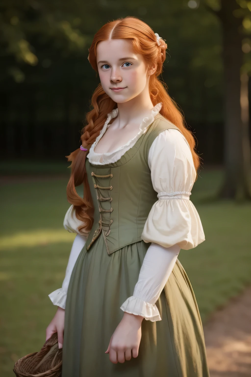 England, 1776. A young ((((18-year-old)) Brianna Fraser)), , ((((clothings from the 1770s)))), ((ginger hairstyle of the 1770s)), pastel colors, colorful, realistic