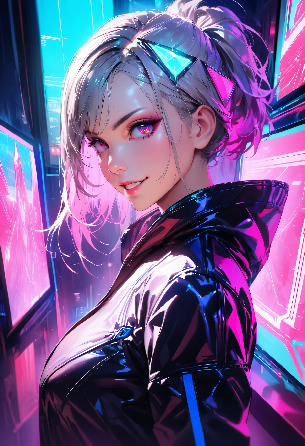 (best quality,highres,masterpiece:1.2),ultra-detailed,realistic,portrait,28-year-old,beautiful woman with futuristic makeup and hairstyle,vibrant colors,glowing neon lights,shimmering skin,sparkling eyes,perfect complexion,radiant smile,sharp cheekbones,long, sleek and silver hair,geometric shapes,striking and edgy aesthetic,futuristic elements and accessories,fashion-forward,stylish attire,confident and powerful pose,in a high-tech environment,surrounded by holographic displays and futuristic technology,creating a sense of advanced and cutting-edge society