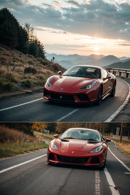 ((masterpiece)), ((best quality)), ((detailed)), (Phenomenal), Immersive, Enchanting, Vehicle, sports car , red Ferrari , driving running fast in the European roads, mountain sides, daytime, action movie scene, Automotive Photograph, Snapshot, Image, Cinematic lighting, Filmic illumination, Dramatic lighting, Evocative lighting, Reduced reflections, Increased contrast, 8K Ultra high res. 
