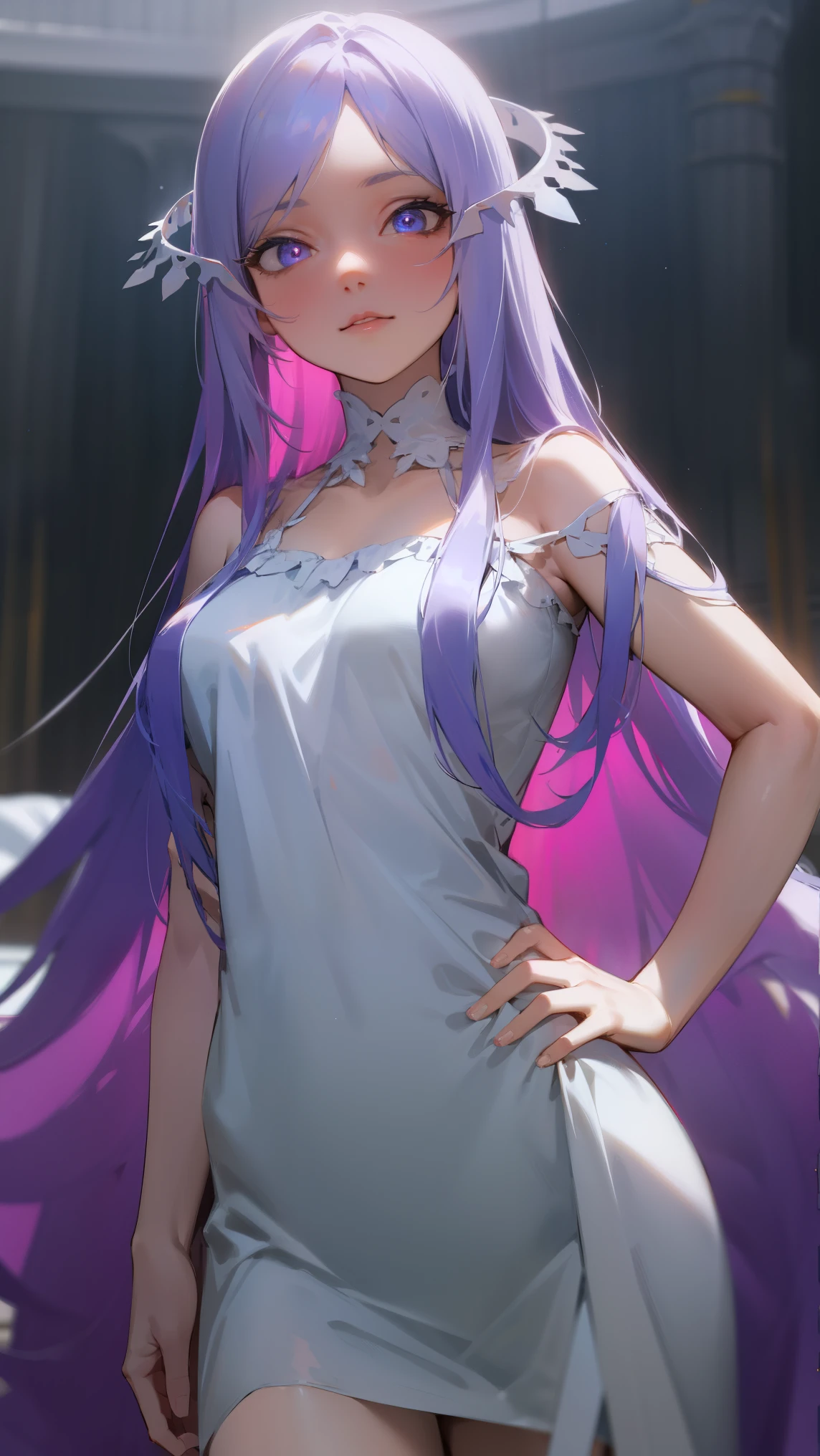 quinella, quinella, absurdly long hair, (purple eyes:1.1), long hair, parted bangs, purple hair, very long hair, hair ornament,medium breast,
BREAK (night gown, bare hands:1.2),
BREAK indoors, bed,
BREAK looking at viewer, (cowboy shot:1.5),pose, hand on hip,
BREAK (masterpiece:1.2), best quality, high resolution,NSW ,unity 8k wallpaper, (illustration:0.8), (beautiful detailed eyes:1.6), extremely detailed face, perfect lighting, extremely detailed CG, (perfect hands, perfect anatomy),