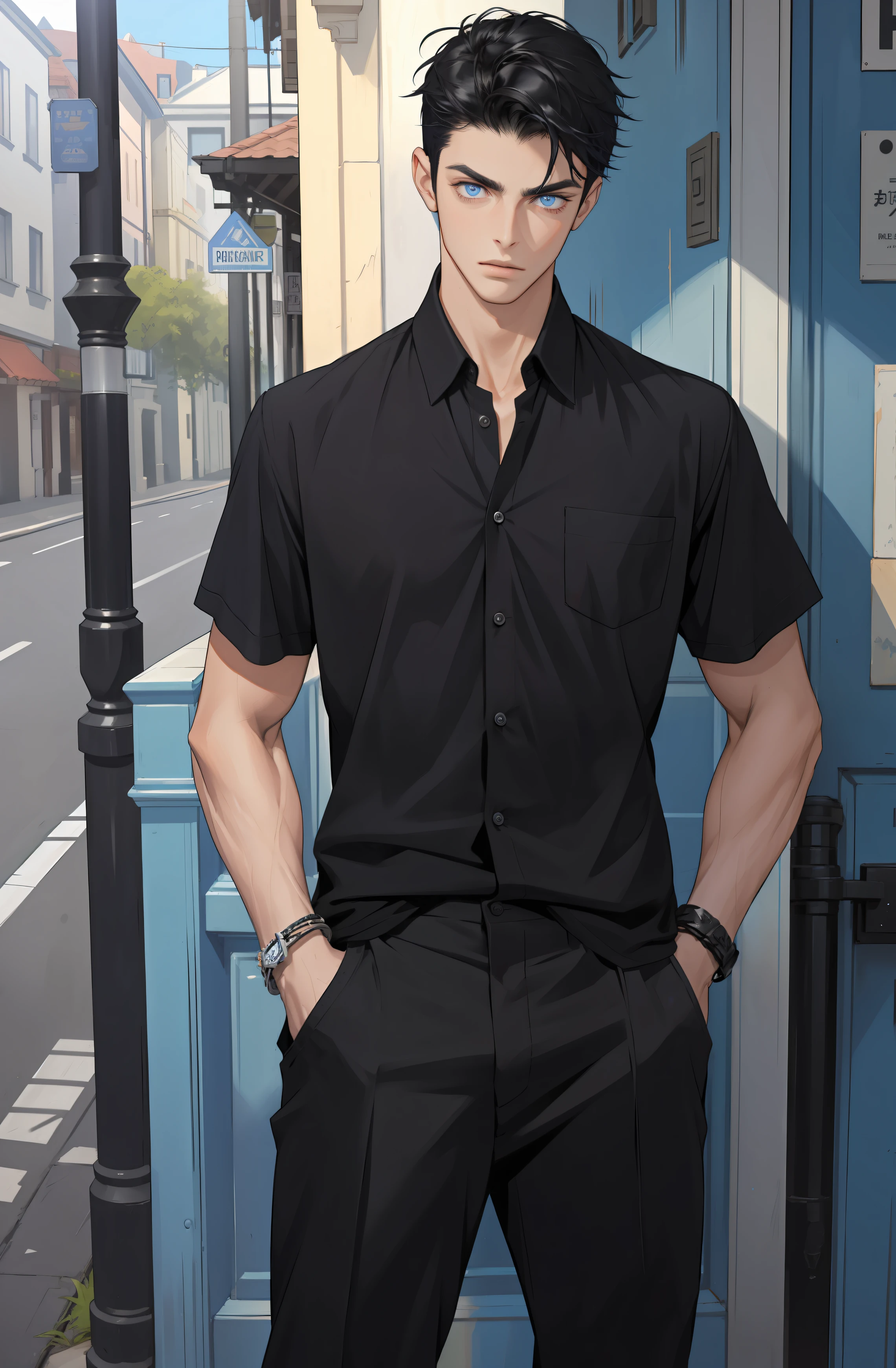 Masterpiece, Best quality, 1 male, 18-year-old youth, Tall, Handsome, Frontal portrait shot, On the doorstep of Country Island Hostel, Intricate details, Fine eyes, Blue eyes, Intricate details,Black short-sleeved button-down shirt, Black bracelet, Black hair, Three seven distribution type, Medium length hair,Casual trousers, A calm expression,Hands in pockets