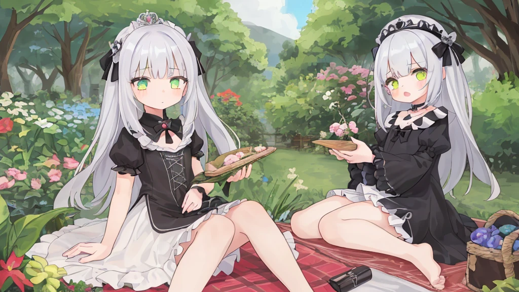 Meisterwerk,best quality,perfekte Komposition,komplizierte Details,((6+girl:1.5)),Niedlich,Katzenohren,Katzenschwanz,Randomly colored hair,fein detaillierte Augen,barefoot,Sommerkleid aus Spitze,den Betrachter anschauen,outside,Luxurious garden,Picknick,