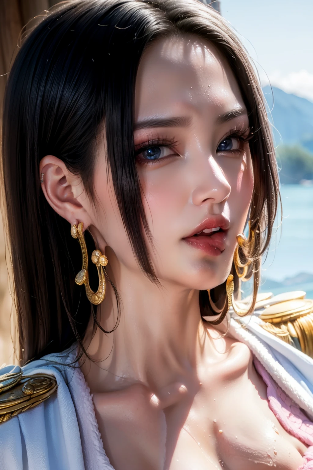 Ultra-realistic 8K CG, (Very detailed背景, Delicate pattern, Intricate details, Very detailed, Fine details), highest quality, (Realistic:1.4),Beautiful lighting, Absurd, RAW Photos, Film Grain, ((Medium chest, Slim girl,  close, Portraiture)), Boa Hancock, One girl, alone, Black Hair, Long Hair, jewelry, (Earrings, Iris), ((Slim girl, Medium chest)), Cleavage, smile, dress, Cape, Epaulettes, belly button, abdomen, blush, clavicle, (Complex and detailed background, blue sky, natural environment, close, Portraiture),  