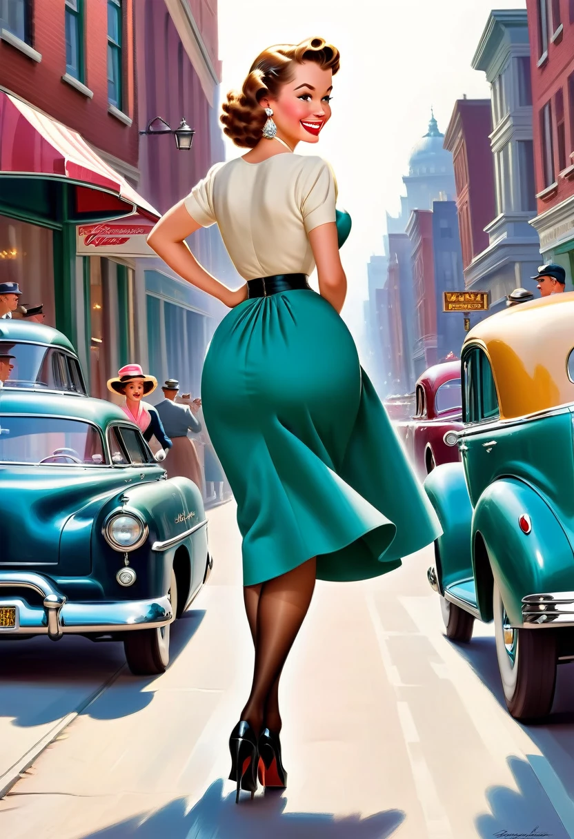 In a lively street scene from the 1950s, a stunning woman is crossing the street, (((wearing a knee-length skirt))) that accentuates her curves, and a form-fitting blouse that highlights her ample bosom, supported by a bullet bra, (((The seams of her alluring stockings draw attention))) as she smiles over her shoulder in response to a whistle from behind. The woman embodies a classic pin-up figure, with a dazzling smile and confident demeanor. Her hair is perfectly styled, complemented by matching accessories like earrings and a necklace. As she crosses the street, her skirt lifts slightly in the breeze, further accentuating her feminine contours. In the background of the street scene, additional pedestrians and classic cars contribute to the ambiance of the 1950s. The scene exudes charm and elegance, with the woman confidently and coquettishly displaying her beauty. This image captures the timeless glamour and flirtatious atmosphere of the 1950s. The scene evokes a nostalgic mood, perfectly encapsulating the beauty and dynamics of the era. The viewer is transported to a bygone era of style and elegance, with the woman's seductive allure taking center stage, from behind, wideankle shot, (view from behind:1.5),(whole person:1.5), vintage_p_style

