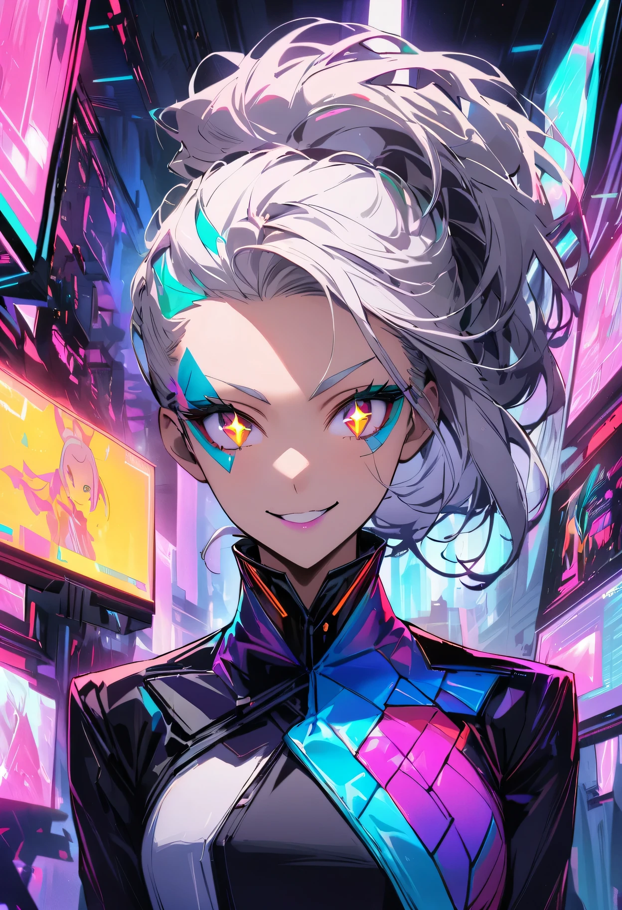 portrait,28-year-old,beautiful woman with futuristic makeup and hairstyle,vibrant colors,glowing neon lights,shimmering skin,sparkling eyes,perfect complexion,radiant smile,sharp cheekbones,long, sleek and silver hair,geometric shapes,striking and edgy aesthetic,futuristic elements and accessories,fashion-forward,stylish attire,confident and powerful pose,in a high-tech environment,surrounded by holographic displays and futuristic technology,creating a sense of advanced and cutting-edge society