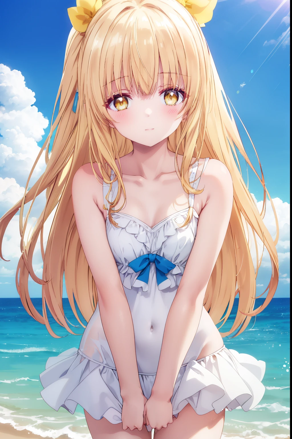 Mahiru shiina, , blonde, (Yellow Eyes:1.3)Long Hair,,blush,smile,in the sea、Wearing a cute swimsuit,Daytime、Wear a swimsuit、Captivating thighs、Beautiful bare legs, Skimpy swimwear、bikini、School swimsuit
（masterpiece:1.2), highest quality, High resolution, unity 8k wallpaper, (shape:0.8), (Beautiful and beautiful eyes:1.6), Highly detailed face, Perfect lighting, Highly detailed CG, (Perfect hands, Perfect Anatomy),