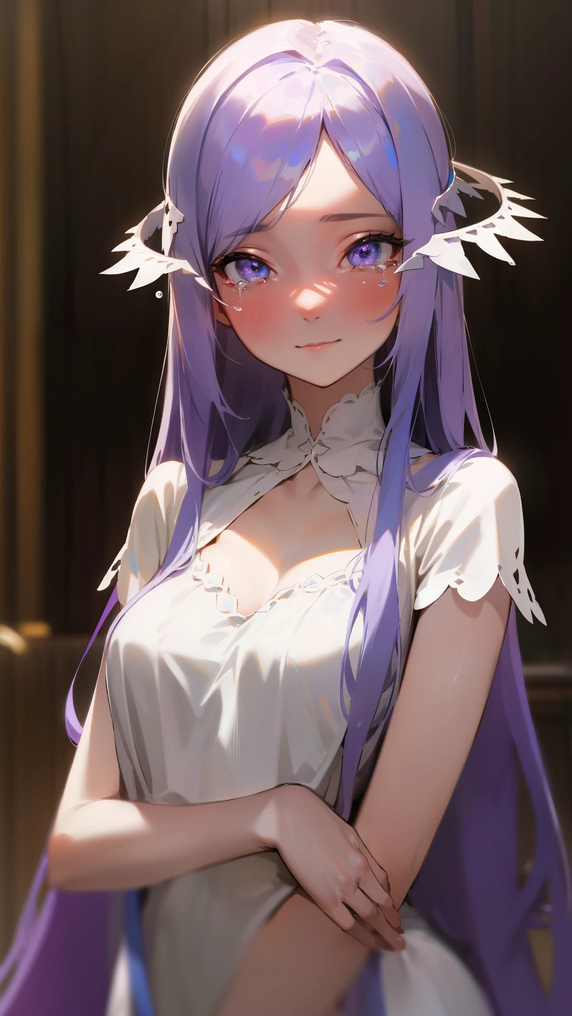 quinella, quinella, absurdly long hair, (purple eyes:1.1), long hair, parted bangs, purple hair, very long hair, hair ornament,medium breast,
BREAK (night gown, bare hands:1.2),
BREAK looking at viewer, blushing, little smile, tears,indoor, bedroom, standing, dizzy, mid-chest, night atmosphere,upper body, focus, blurry background,
BREAK (masterpiece:1.2), best quality, high resolution,NSW ,unity 8k wallpaper, (illustration:0.8), (beautiful detailed eyes:1.6), extremely detailed face, perfect lighting, extremely detailed CG, (perfect hands, perfect anatomy),