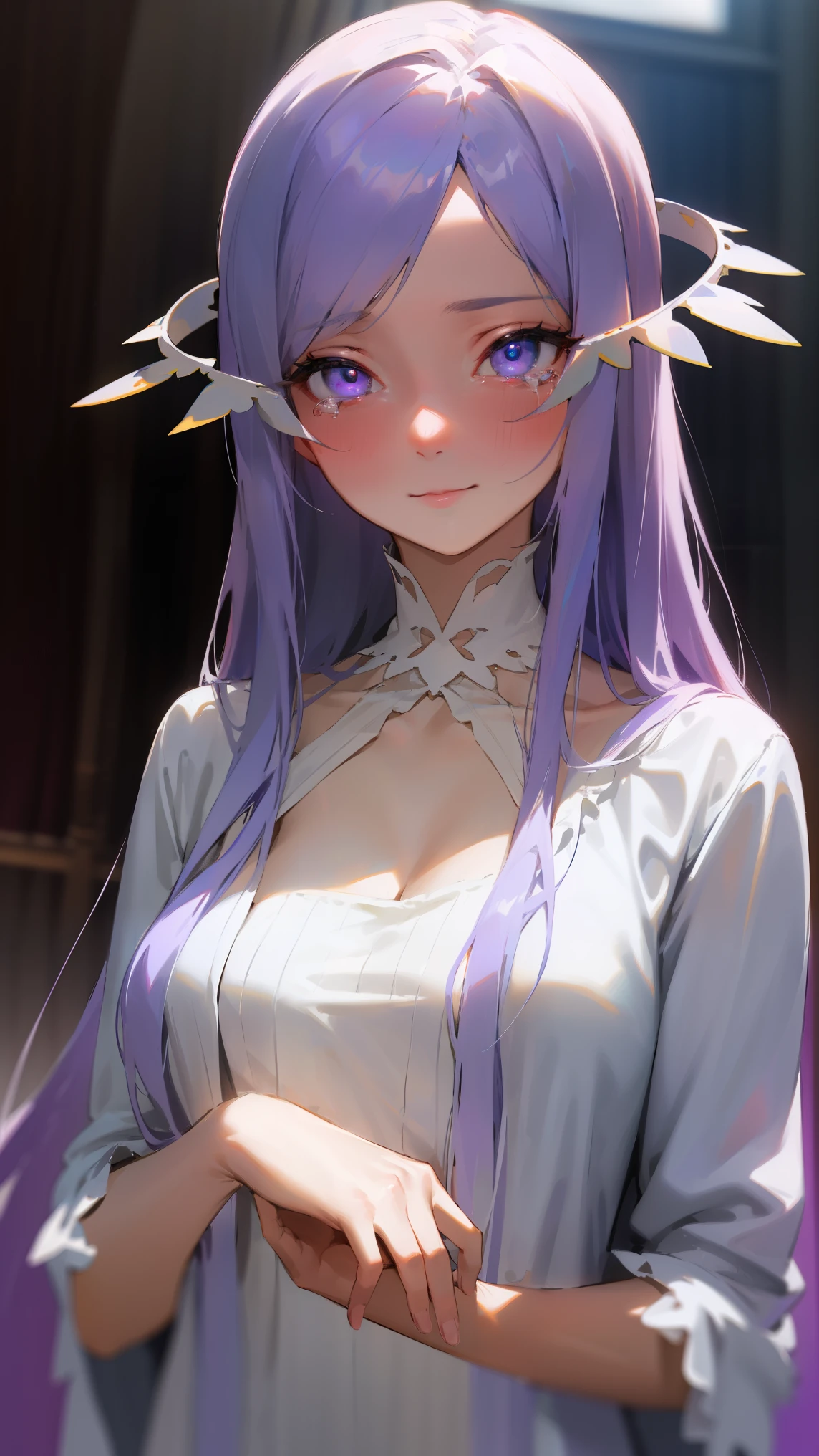 quinella, quinella, absurdly long hair, (purple eyes:1.1), long hair, parted bangs, purple hair, very long hair, hair ornament,medium breast,
BREAK (night gown, bare hands:1.2),
BREAK looking at viewer, blushing, little smile, tears,indoor, bedroom, standing, dizzy, mid-chest, night atmosphere,upper body, focus, blurry background,
BREAK (masterpiece:1.2), best quality, high resolution,NSW ,unity 8k wallpaper, (illustration:0.8), (beautiful detailed eyes:1.6), extremely detailed face, perfect lighting, extremely detailed CG, (perfect hands, perfect anatomy),