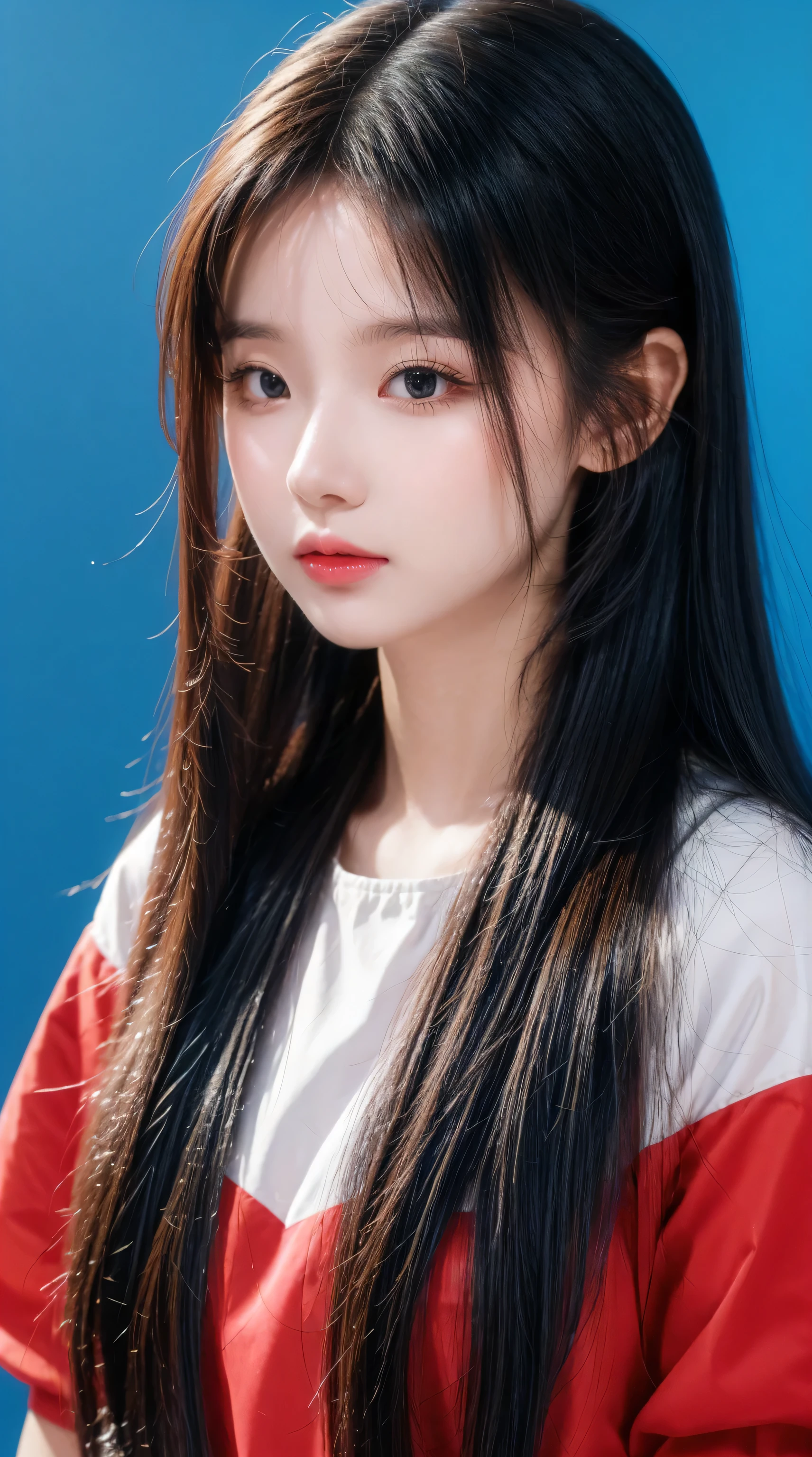 GirlsChildrenRed HairStraight HairHeadbandBlue, pray, Red background,