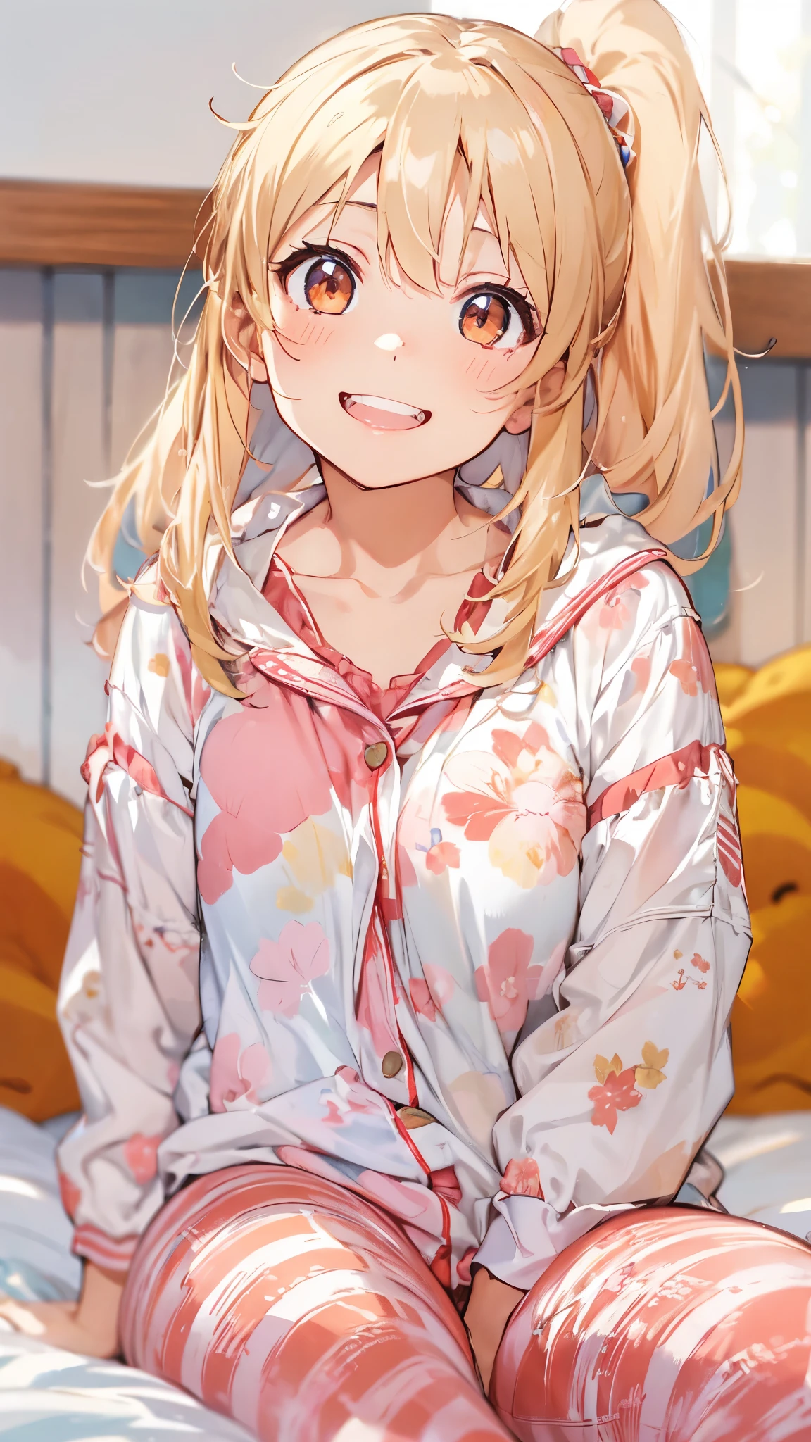 18-year-old girl sitting on bed、solo、Anime-style paintings、Wearing pajamas、Slim figure、Blonde ponytail、Ahoge、Beautiful red eyes、smile、smile、The soft texture of pajamas、Upper body close-up、Red and yellow based colors、Background blur、The depth of the drawn boundaries