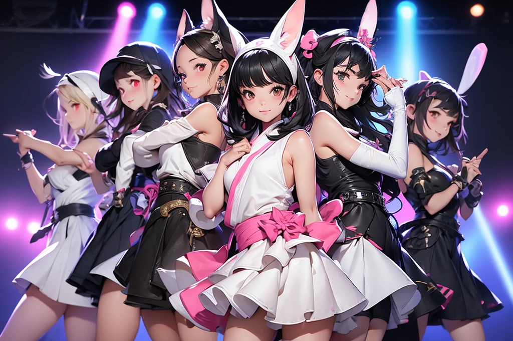 ((6girls)),6idols,tween,cute,on stage,enjoy dancing for audience,fox ear hairband,black hair,white and black costume,matching outfit,2020s,japanese,
beautiful lighting, dynamic angle, photographic sharp,