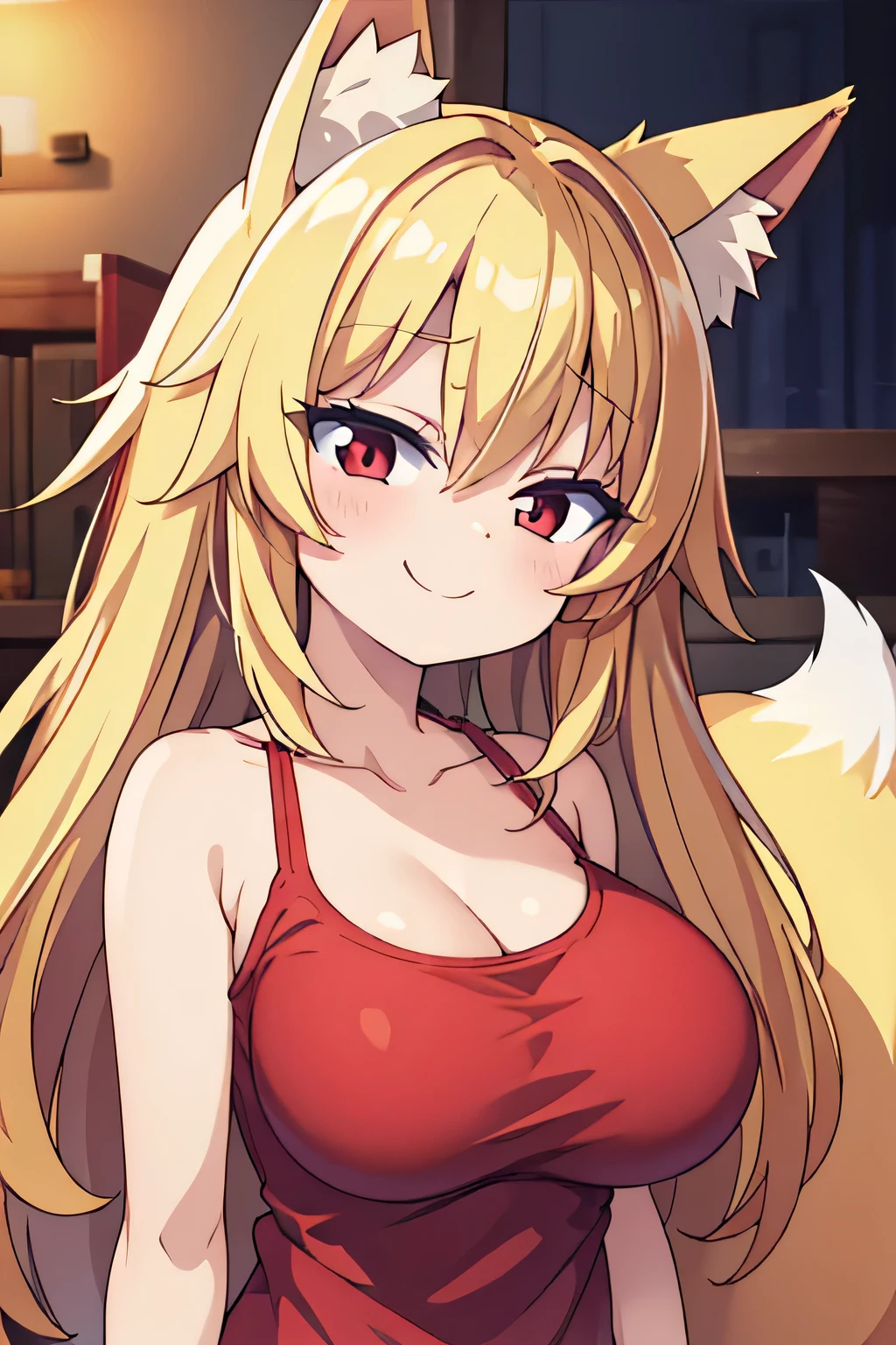 highest quality、smile、Big Breasts、Fox ears、Long blonde、Red Eye、camisole、living