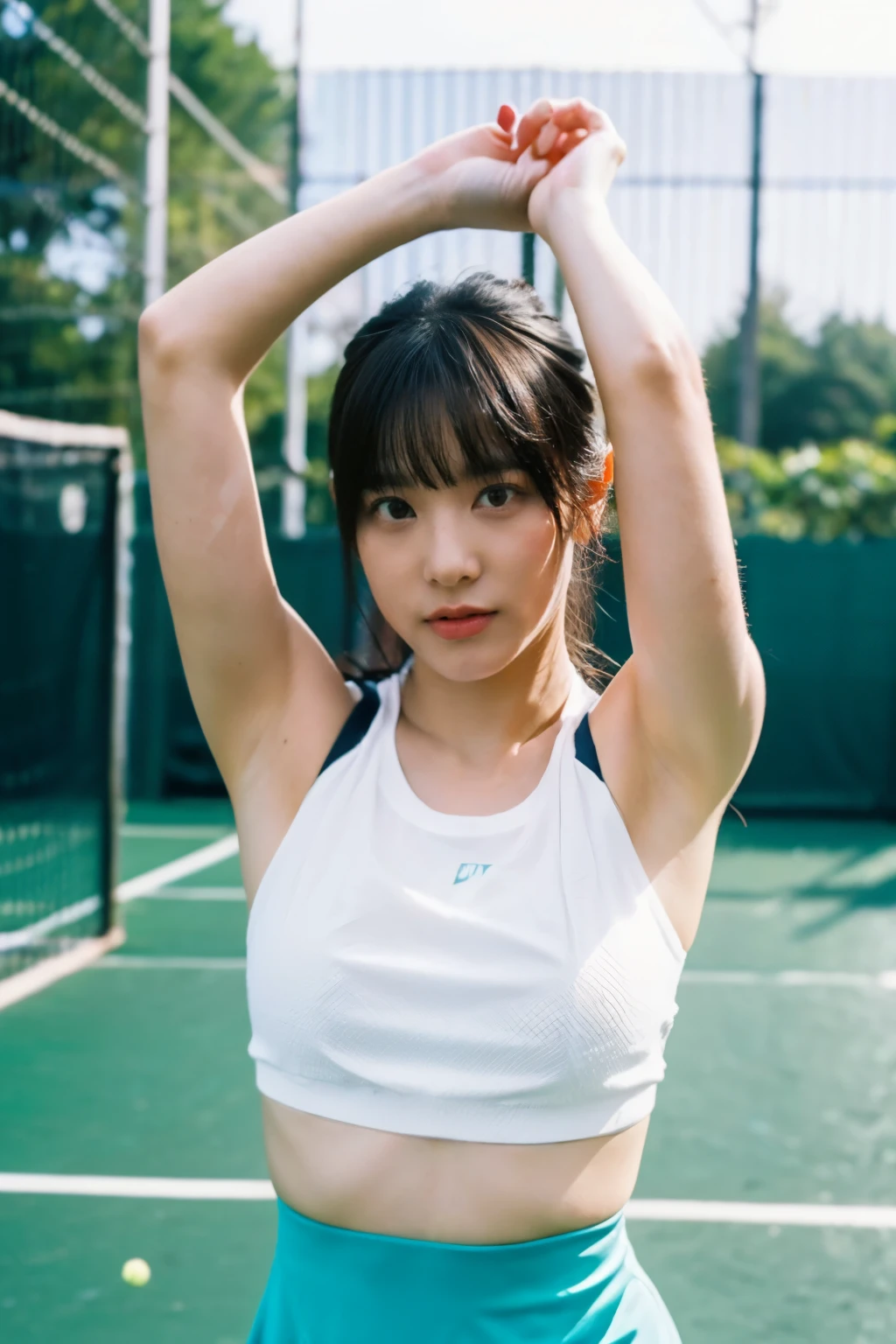 (beautiful korean female idol:1.25), (58 inch breasts size), (fleshy juicy body:1.5), (thick arms:1.5), (holding racket - playing tennis), armpit visible, wearing multicoloured micro sport bra, tennis sneakers, sweating profusely, action-do sports on the tennis court, fullbody shot, bokeh background, professional photograph, award-winning portrait, masterpiece, 8K UHD, high detail full-body view, symmetrical, Nikon D850, 85mm lens, f/1.8, depth of field, full body shot, facing the camera, eyes focused on the audience's camera, expression tired but still sexy,