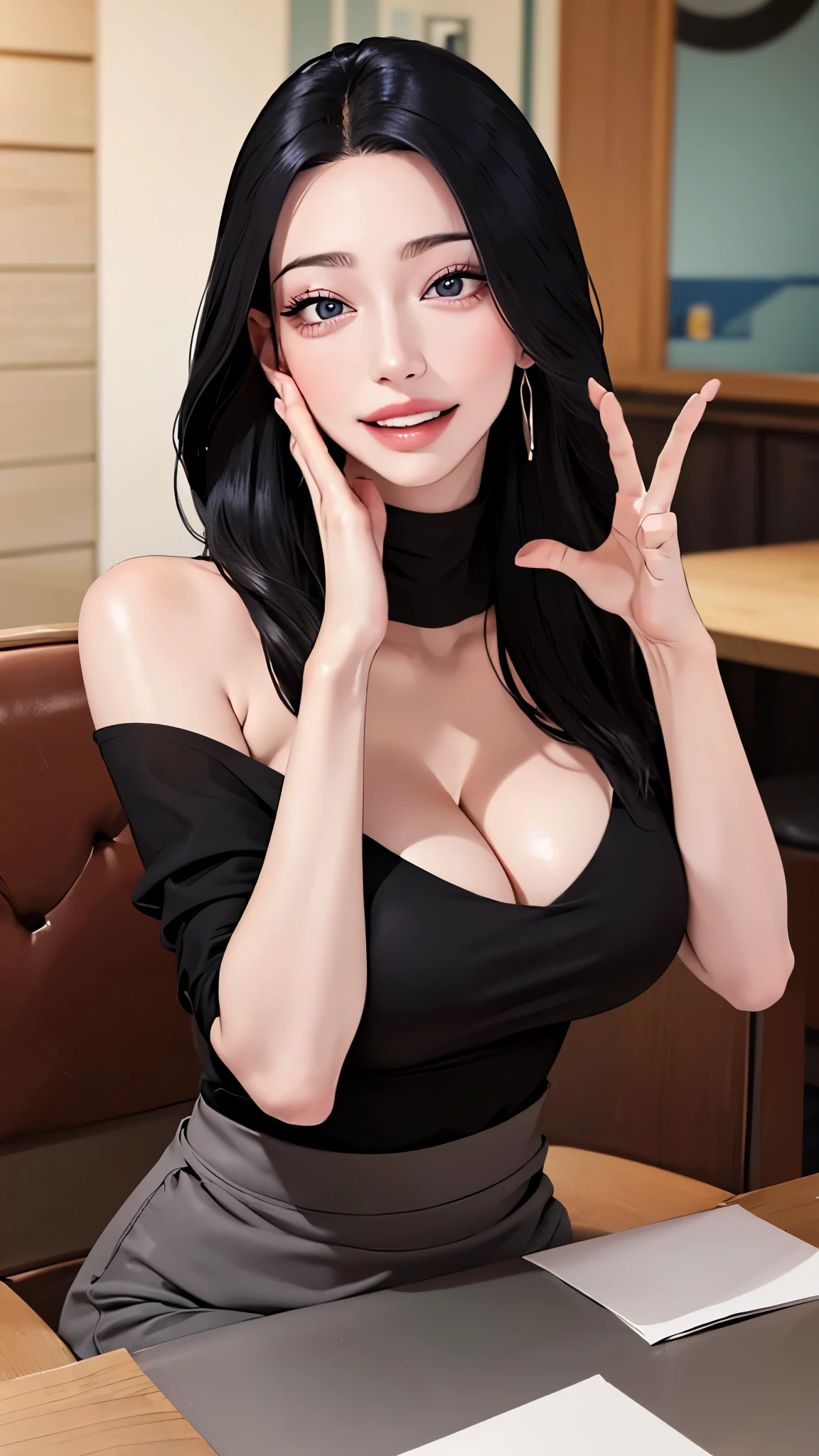  ((((Open your mouth))))、masterpiece,highest quality,High resolution,Very detailed,bb Festival,meだium hair,skinny,,(((((  Captivating smile ))))),skinny,Black Choker,Earrings,Huge cleavage、Off-the-shoulder tight sweater dress、,Race,(( Perfect Fingers )) ,  indoor,(Cafe:1.2),((Blowjob Gestures:1.5))、Open your mouth ,Sitting,Chair,Heavy breathing ,

Accurate 5-finger、Accurate human body、Perfect human body、The most beautiful face