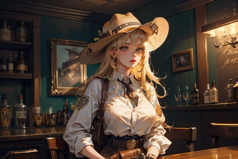 1girl\(cowgirl,cowboy_hat,belt_buckle,blonde,big  breast,gun holder,gun,bullet belt,western police badge,drinking bourbon whiskey\),background\(western bar,bourbon whiskey,shiny shot-grass of bourbon),,quality\(8k,wallpaper of extremely detailed CG unit, ​masterpiece,hight resolution,top-quality,top-quality real texture skin,hyper realisitic,increase the resolution,RAW photos,best qualtiy,highly detailed,the wallpaper,cinematic lighting,ray trace,golden ratio\), 