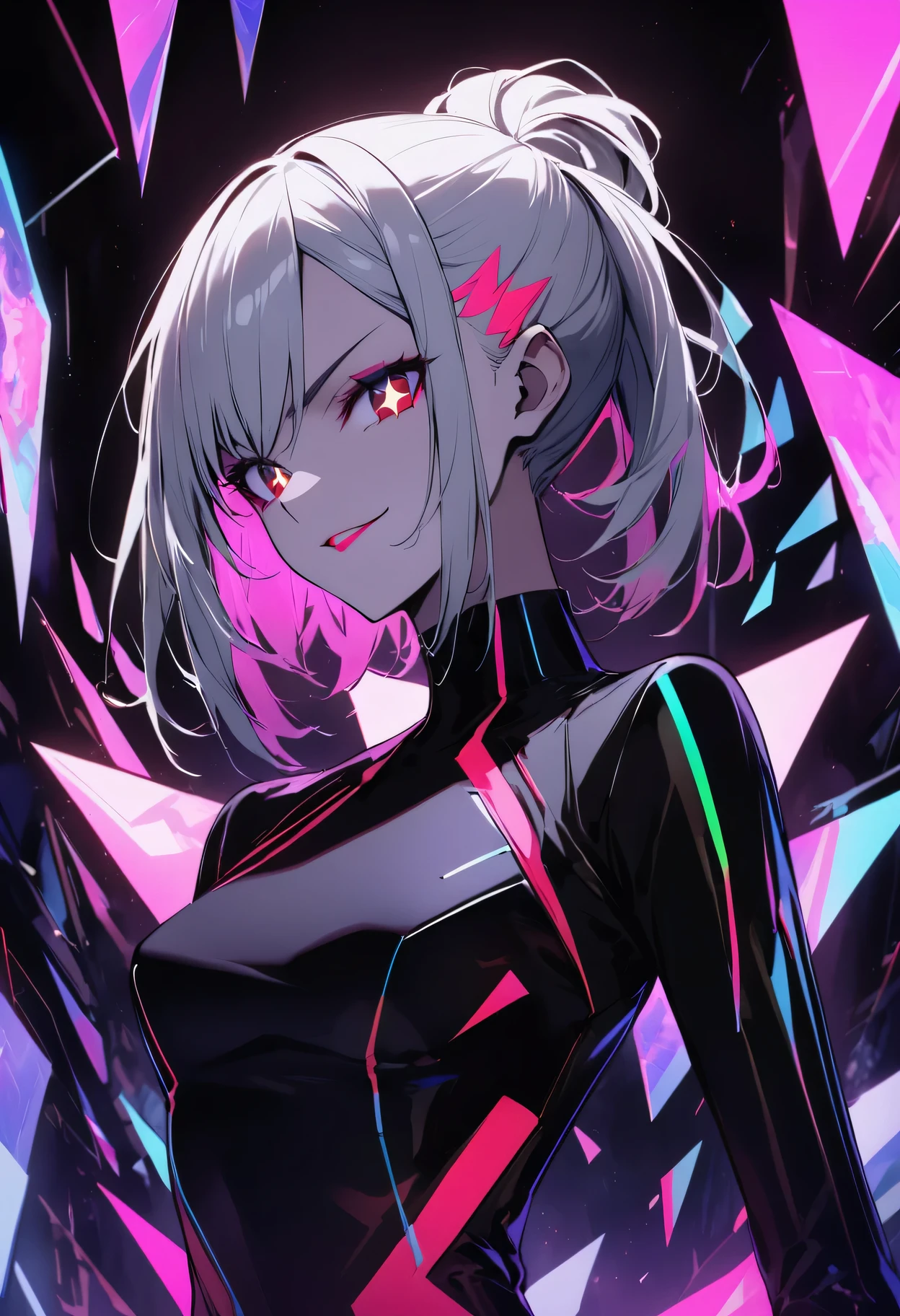 portrait,28-year-old,beautiful woman with futuristic makeup and hairstyle,vibrant colors,glowing neon lights,shimmering skin,sparkling eyes,perfect complexion,radiant smile,sharp cheekbones,long, sleek and silver hair,geometric shapes,striking and edgy aesthetic,futuristic elements and accessories,fashion-forward,stylish attire,confident and powerful pose,in a high-tech environment,surrounded by holographic displays and futuristic technology,creating a sense of advanced and cutting-edge society