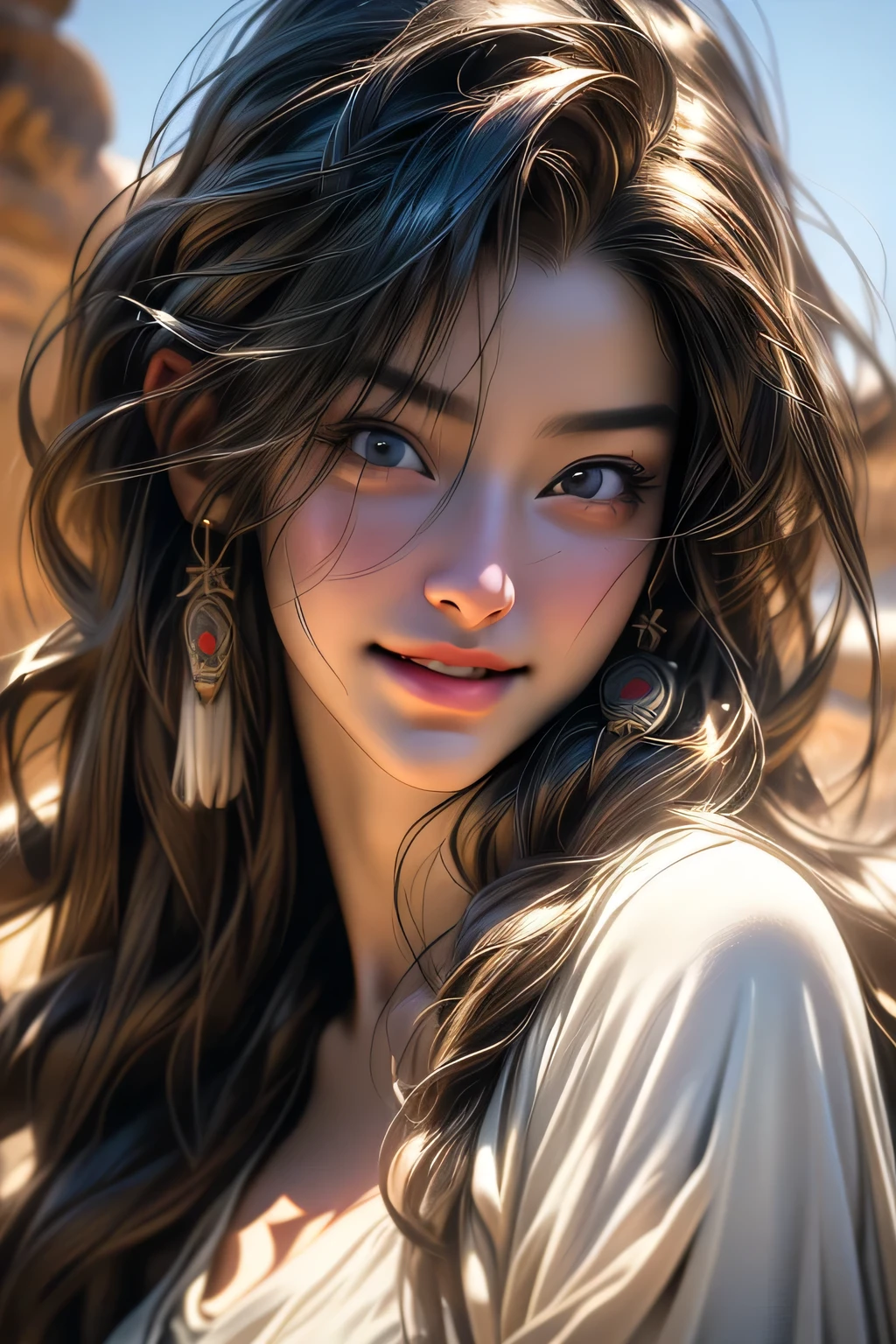 (RAW Photos, 最high quality), (Realistic, photo-Realistic:1.3),最high quality,Very detailed,masterpiece,Very detailed,shape,One Girl,upper_body,Dynamic Angle,world masterpiece theater,Messy_length_hair,最high quality,Very detailed CG Unity 8k wallpaper,ink,wonderful,Cinema Lighting,lens_Flare, Dunhuang_style, masterpiece, 最high quality, high quality, High resolution,((Face close-up))smile