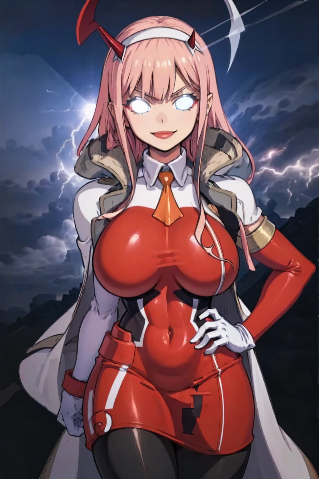 masterpiece, best quality, IncrsLowTier, electricity, glowing eyes zerotwo horns, hairband, necktie, red dress, pantyhose horns, hairband, red bodysuit, armlet, mecha horns, hairband, white bodysuit, white gloves, cap, red dress, white gloves, jacket on shoulders, pantyhose, cyber_armor body_suit,huge_breast, tall female, fulll body, sun light, smile,, sun aura,, boots, standing, smile, lips, red lips,,,{best quality}, {amazing quality} {best quality},{amazing quality},, {absurdres},{{highres}}, {very aesthetic}, {detailed}, curvy, tall, huge breast, character focus, white background,full-length portrait,, huge hips, huge muscles, huge thighs, curvaceous, venus figure,full body, full portrait, smile, happy, blue eyes ,joyfull,sun halo