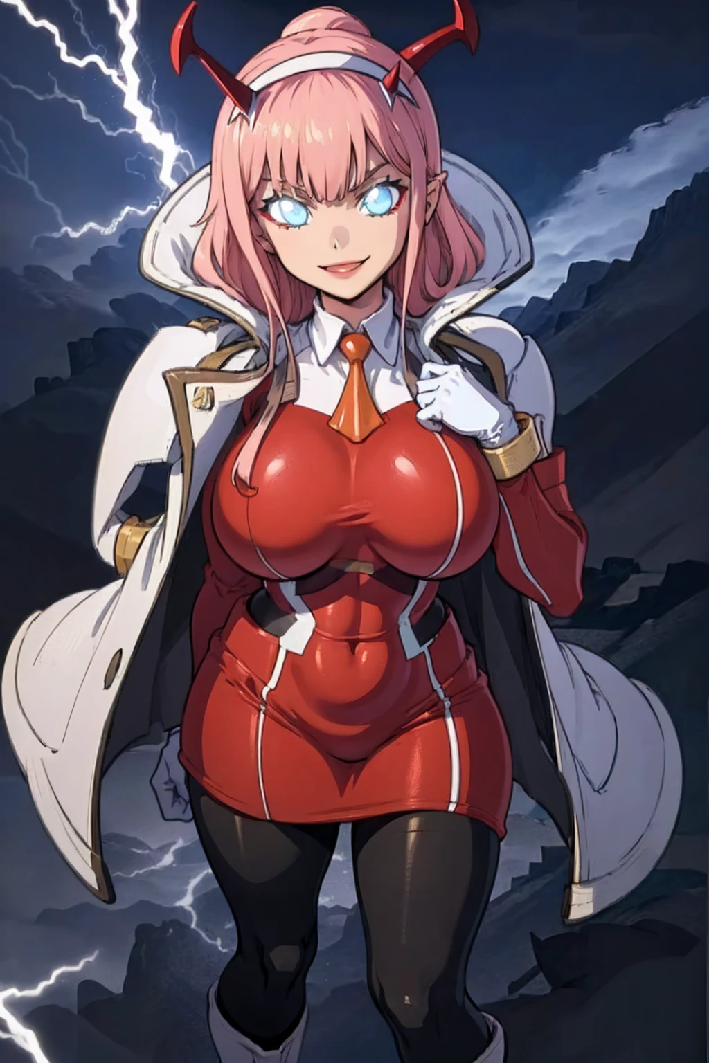 masterpiece, best quality, IncrsLowTier, electricity, glowing eyes zerotwo horns, hairband, necktie, red dress, pantyhose horns, hairband, red bodysuit, armlet, mecha horns, hairband, white bodysuit, white gloves, cap, red dress, white gloves, jacket on shoulders, pantyhose, cyber_armor body_suit,huge_breast, tall female, fulll body, sun light, smile,, sun aura,, boots, standing, smile, lips, red lips,,,{best quality}, {amazing quality} {best quality},{amazing quality},, {absurdres},{{highres}}, {very aesthetic}, {detailed}, curvy, tall, huge breast, character focus, white background,full-length portrait,, huge hips, huge muscles, huge thighs, curvaceous, venus figure,full body, full portrait, smile, happy, blue eyes ,joyfull,sun halo