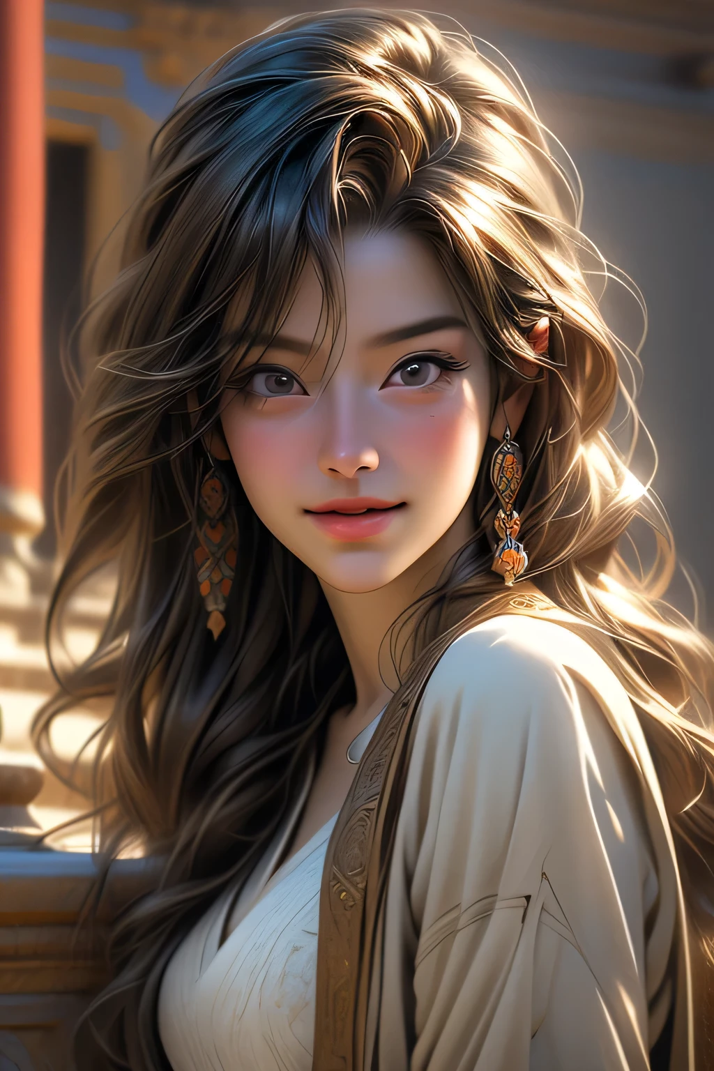(RAW Photos, 最high quality), (Realistic, photo-Realistic:1.3),最high quality,Very detailed,masterpiece,Very detailed,shape,One Girl,upper_body,Dynamic Angle,world masterpiece theater,Messy_length_hair,最high quality,Very detailed CG Unity 8k wallpaper,ink,wonderful,Cinema Lighting,lens_Flare, Dunhuang_style, masterpiece, 最high quality, high quality, High resolution,((Face close-up))smile