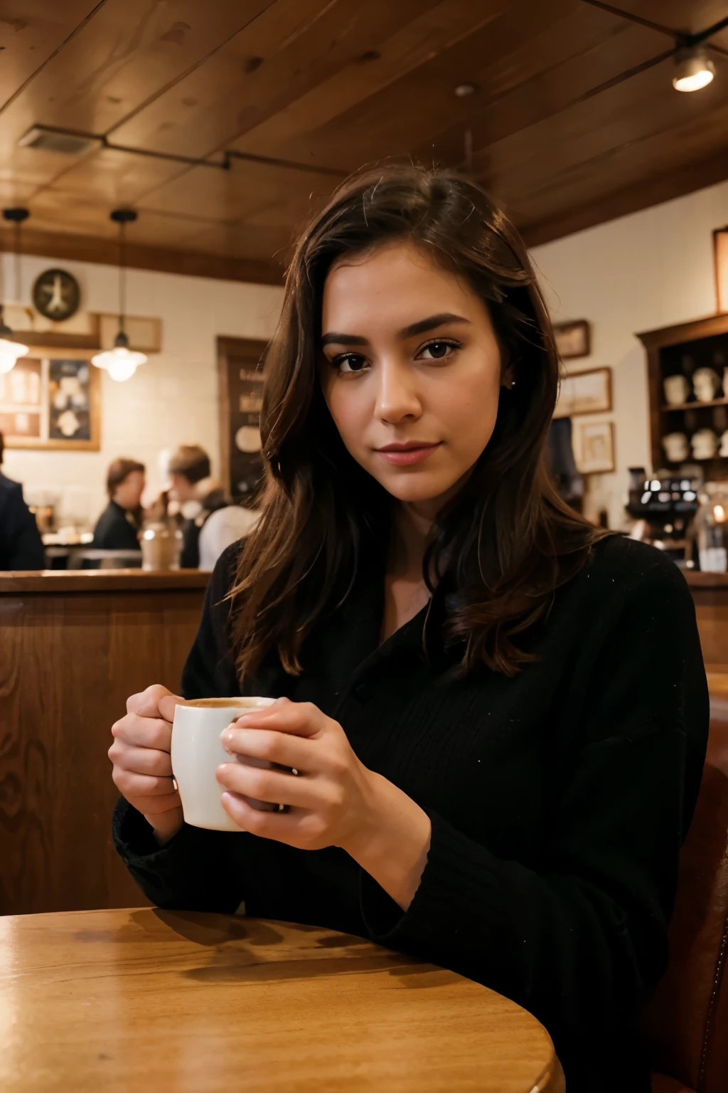 /imagine prompt: An elegant USA Instagram modelHolding a cup of coffee in a cozy cafe with a vintage American aesthetic., Photography, mirrorless camera with a 35mm lens, --ar 16:9 --v 5