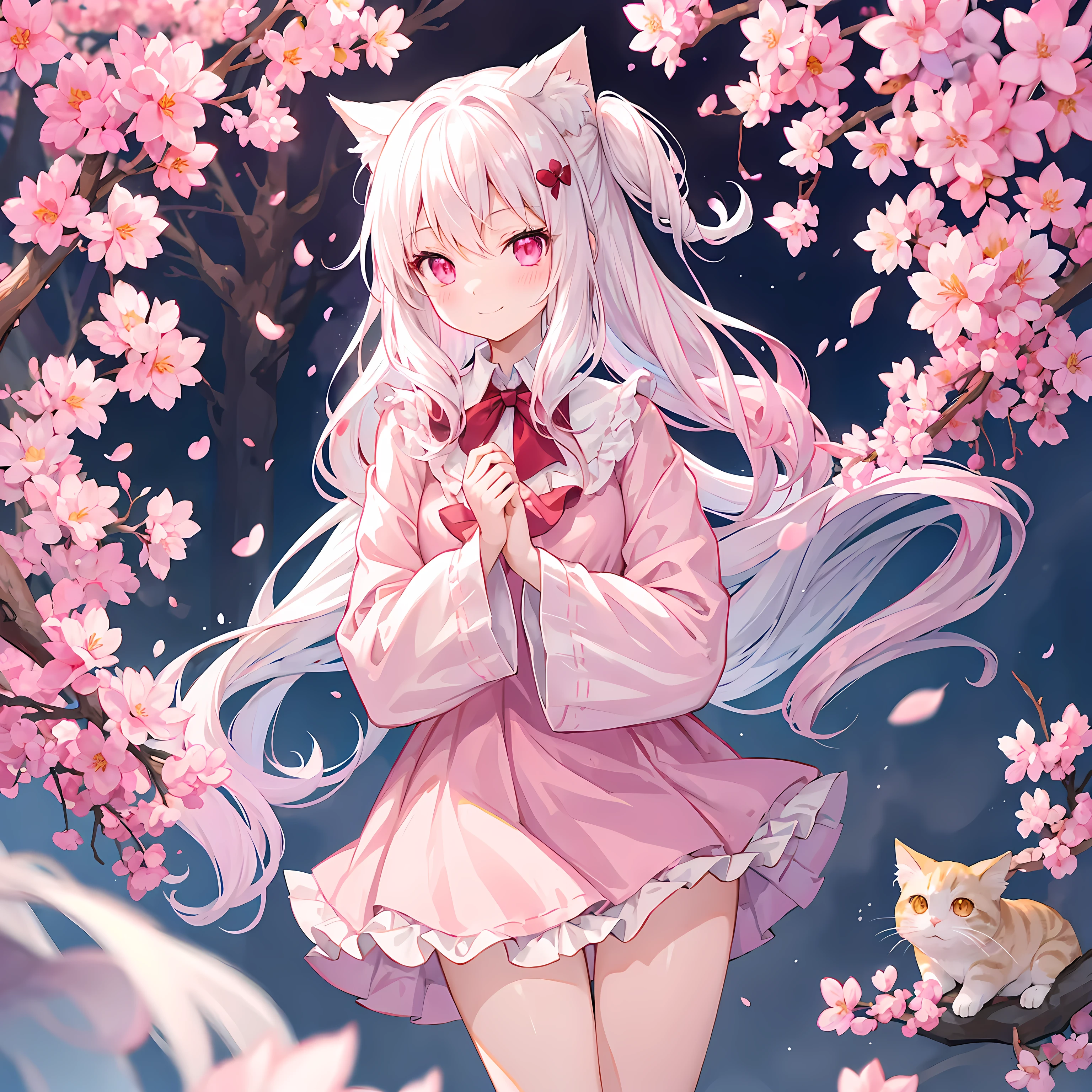 Long white hair、pink eyes、One Beautiful Cat Girl、red blush、A smile、Flip-fluffy miniskirt、Cherry blossoms、