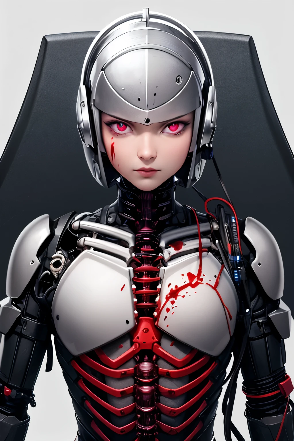 1 mechanical girl,((Ultrarealistische Details)), portrait, Globale Beleuchtung, Schatten, octane render, 8k, Ultrascharf,Metall,kompliziert, Ornamente detailliert, kalte Farben, Egyptian detail, highly kompliziert details, realistisches Licht, Trends bei cgsociety, Glowing eyes, Blick in die Kamera, Neon-Details, mechanical limbs,Blood vessels connected with tubes,Mechanical swivel for attachment to the back,mechanical cervical spine for attachment to the neck,Sitzung,Wires and cables for connection to the head
