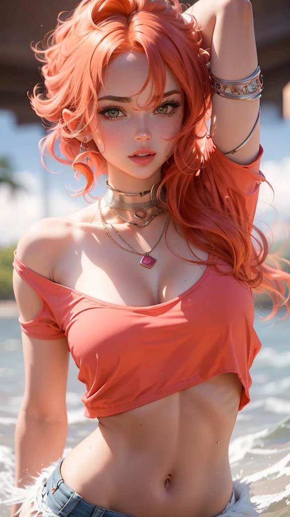 A red-haired woman wearing blue and green fish scales,lying on his back, Face focus, wet skin and hair, Redhead, Red hair, freckle, Long straight hair, view the viewer, (White shirt, , European youth, Perfect body, (Detailed face:1.2), (Detailed eyes:1.2)Open (Perfect body, little ke), fashion photorealism, high-definition system details, Photography, Sharpness, Unique 850 4, Koda850 k portrait camera, F1.6 shots, plethora of colors, hyperrealistic texture, Spectacular light texture, Surreal art, Cinestil 800 fashion mechanism,