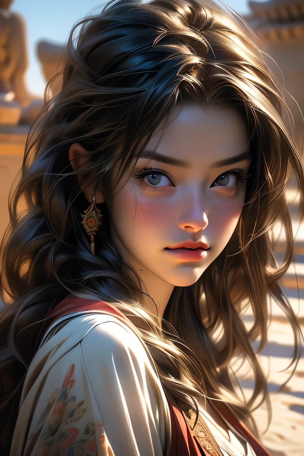 (RAW Photos, 最high quality), (Realistic, photo-Realistic:1.3),最high quality,Very detailed,masterpiece,Very detailed,shape,One Girl,upper_body,Dynamic Angle,world masterpiece theater,Messy_length_hair,最high quality,Very detailed CG Unity 8k wallpaper,ink,wonderful,Cinema Lighting,lens_Flare, Dunhuang_style, masterpiece, 最high quality, high quality, High resolution,((Face close-up))