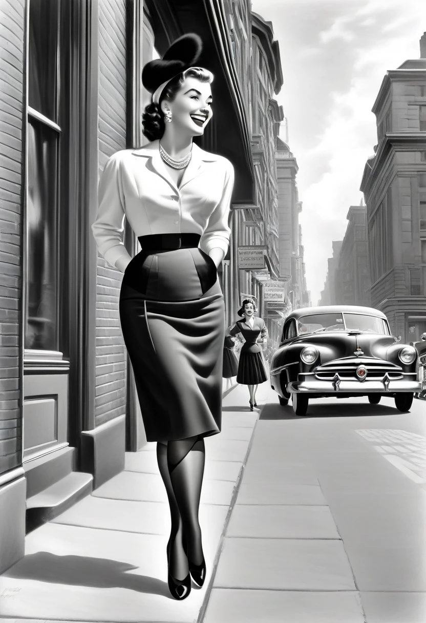 In a lively street scene from the 1950s, a stunning woman is crossing the street, (((wearing a knee-length skirt))) that accentuates her curves, and a form-fitting blouse that highlights her ample bosom, supported by a bullet bra, (((The seams of her alluring stockings draw attention))) as she smiles over her shoulder in response to a whistle from behind. The woman embodies a classic pin-up figure, with a dazzling smile and confident demeanor. Her hair is perfectly styled, complemented by matching accessories like earrings and a necklace. As she crosses the street, her skirt lifts slightly in the breeze, further accentuating her feminine contours. In the background of the street scene, additional pedestrians and classic cars contribute to the ambiance of the 1950s. The scene exudes charm and elegance, with the woman confidently and coquettishly displaying her beauty. This image captures the timeless glamour and flirtatious atmosphere of the 1950s. The scene evokes a nostalgic mood, perfectly encapsulating the beauty and dynamics of the era. The viewer is transported to a bygone era of style and elegance, with the woman's seductive allure taking center stage, from behind, wideankle shot, (view from behind:1.5),(whole person:1.5), vintage_p_style

