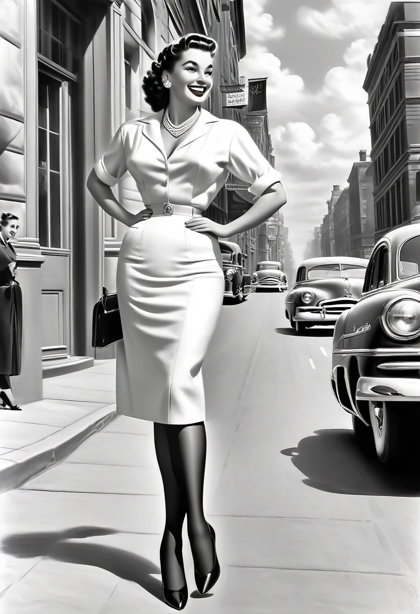 In a lively street scene from the 1950s, a stunning woman is crossing the street, (((wearing a knee-length skirt))) that accentuates her curves, and a form-fitting blouse that highlights her ample bosom, supported by a bullet bra, (((The seams of her alluring stockings draw attention))) as she smiles over her shoulder in response to a whistle from behind. The woman embodies a classic pin-up figure, with a dazzling smile and confident demeanor. Her hair is perfectly styled, complemented by matching accessories like earrings and a necklace. As she crosses the street, her skirt lifts slightly in the breeze, further accentuating her feminine contours. In the background of the street scene, additional pedestrians and classic cars contribute to the ambiance of the 1950s. The scene exudes charm and elegance, with the woman confidently and coquettishly displaying her beauty. This image captures the timeless glamour and flirtatious atmosphere of the 1950s. The scene evokes a nostalgic mood, perfectly encapsulating the beauty and dynamics of the era. The viewer is transported to a bygone era of style and elegance, with the woman's seductive allure taking center stage, from behind, wideankle shot, (view from behind:1.5),(whole person:1.5), vintage_p_style

