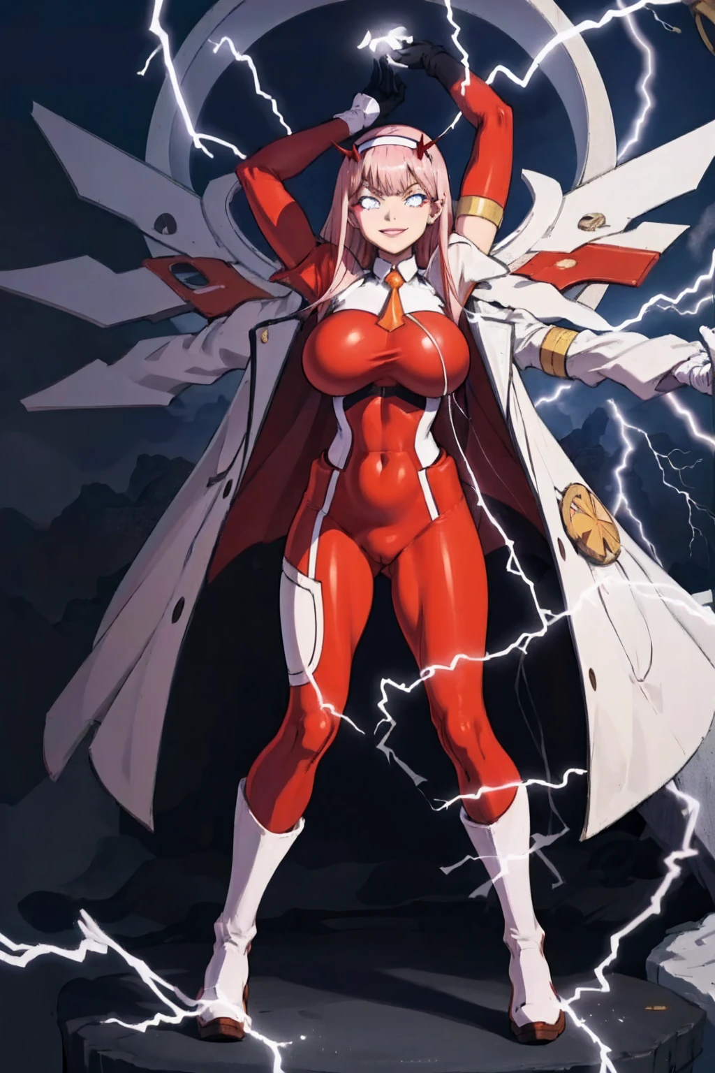 masterpiece, best quality, IncrsLowTier, electricity, glowing eyes zerotwo horns, hairband, necktie, red dress, pantyhose horns, hairband, red bodysuit, armlet, mecha horns, hairband, white bodysuit, white gloves, cap, red dress, white gloves, jacket on shoulders, pantyhose, cyber_armor body_suit,huge_breast, tall female, fulll body, sun light, smile,, sun aura,, boots, standing, smile, lips, red lips,,,{best quality}, {amazing quality} {best quality},{amazing quality},, {absurdres},{{highres}}, {very aesthetic}, {detailed}, curvy, tall, huge breast, character focus, white background,full-length portrait,, huge hips, huge muscles, huge thighs, curvaceous, venus figure,full body, full portrait, smile, happy, blue eyes ,joyfull,sun halo